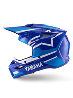 Alpinestars Yamaha S-M3 Helmet, kask motocrossowy, niebiesko-biały z połyskiem, widok z profilu bocznego z brandingiem Yamaha na szczęce i logo gwiazdy Alpinestars, aerodynamiczna skorupa z otworami wentylacyjnymi do wyścigów off-road