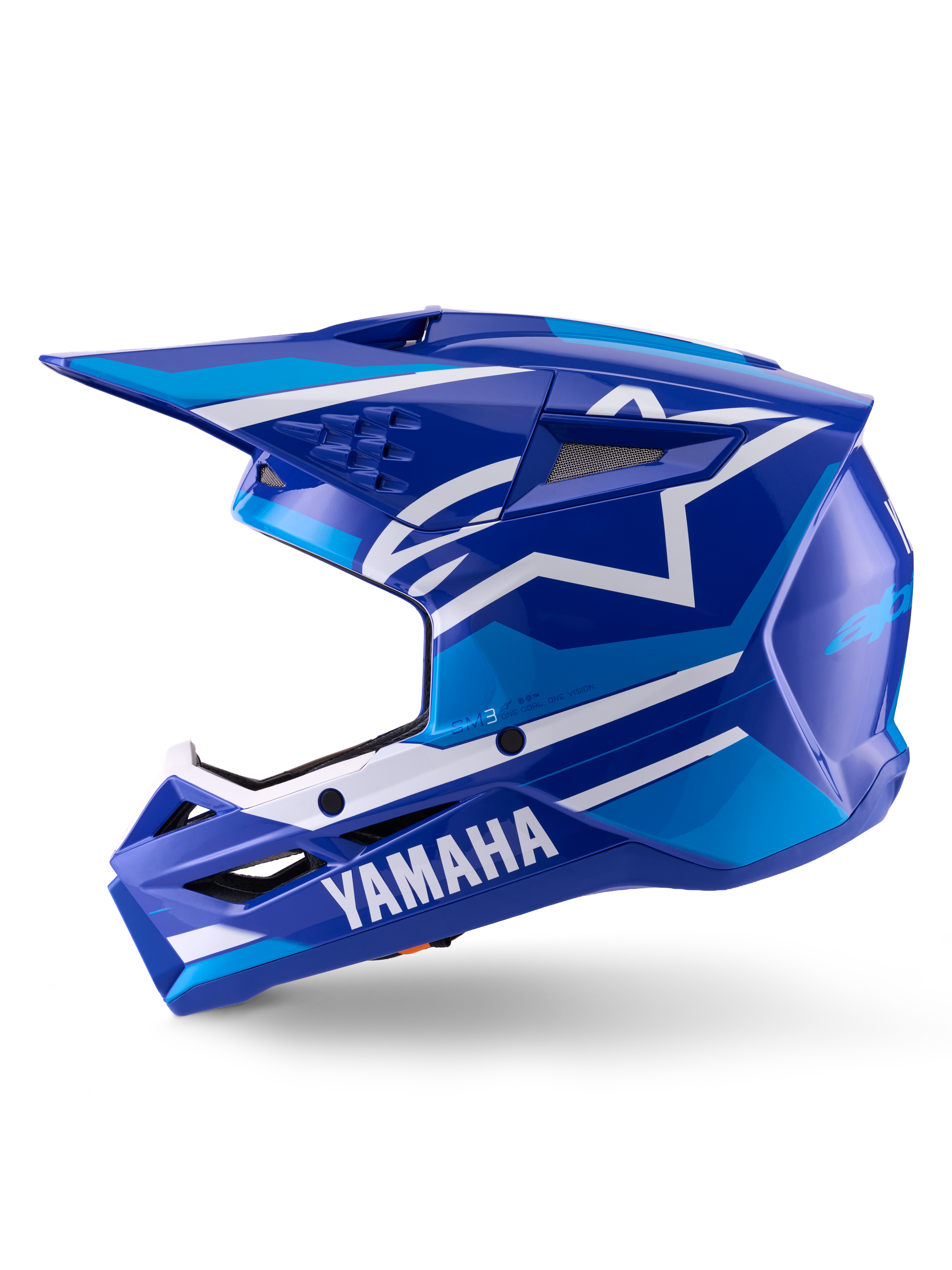 Alpinestars Yamaha S-M3 Helmet, kask motocrossowy, niebiesko-biały z połyskiem, widok z profilu bocznego z brandingiem Yamaha na szczęce i logo gwiazdy Alpinestars, aerodynamiczna skorupa z otworami wentylacyjnymi do wyścigów off-road
