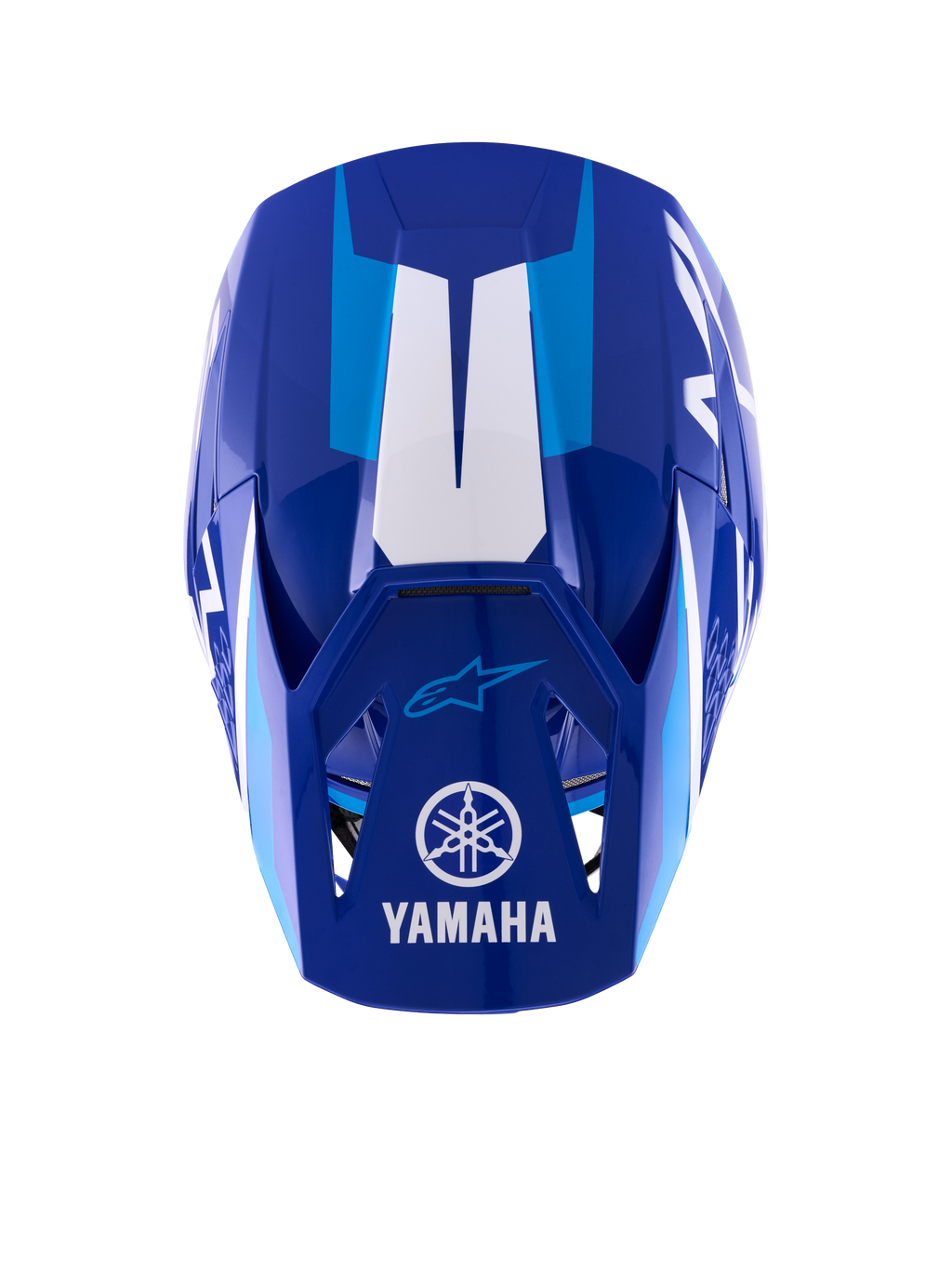 Kask Alpinestars Yamaha S-M3, kask motocrossowy, niebiesko-biały z połyskiem, widok z góry ukazujący daszek z białym logo i napisem Yamaha, jasnoniebieskie akcenty graficzne, agresywna aerodynamiczna konstrukcja skorupy