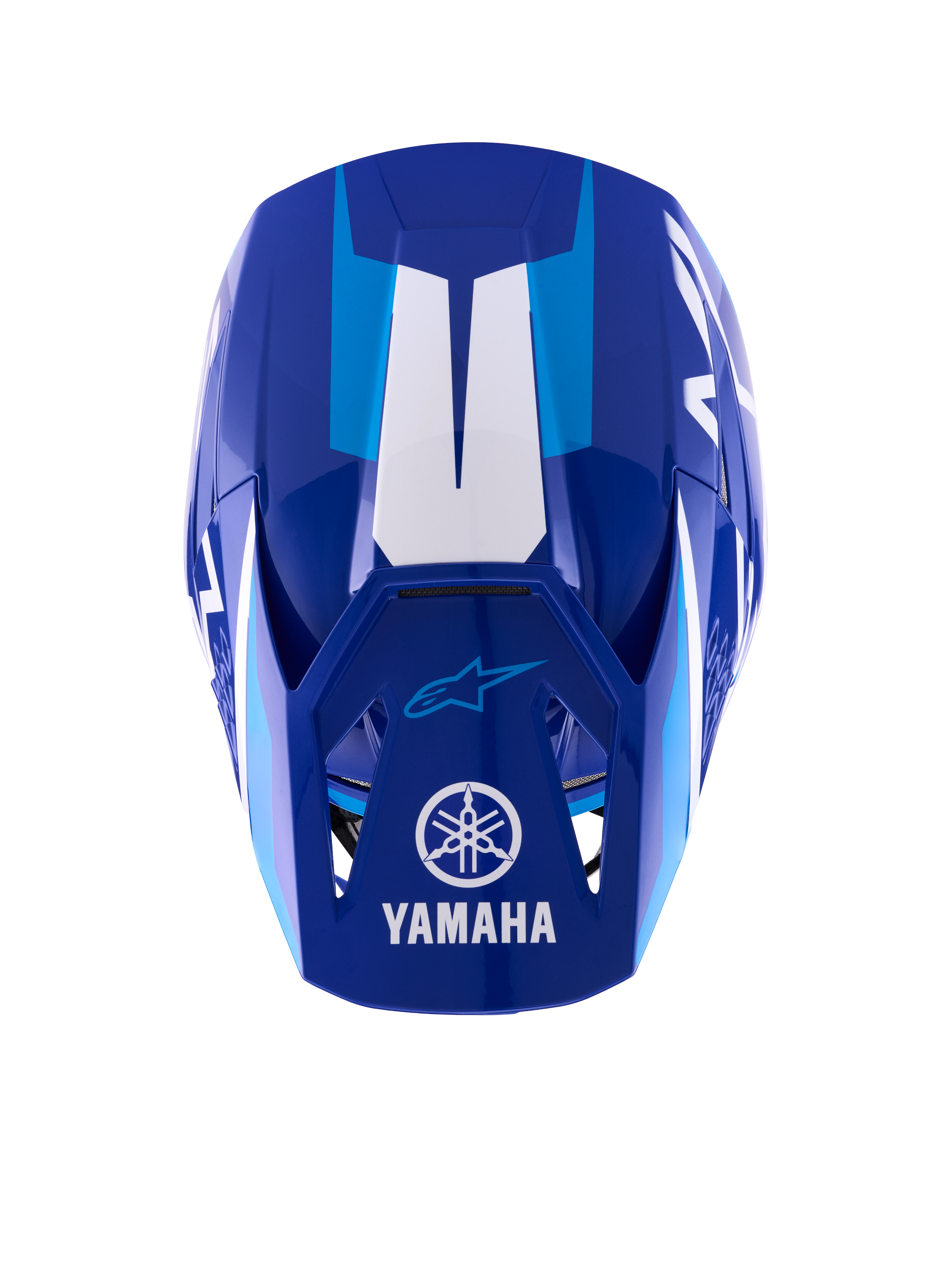 Kask Alpinestars Yamaha S-M3, kask motocrossowy, niebiesko-biały z połyskiem, widok z góry ukazujący daszek z białym logo i napisem Yamaha, jasnoniebieskie akcenty graficzne, agresywna aerodynamiczna konstrukcja skorupy