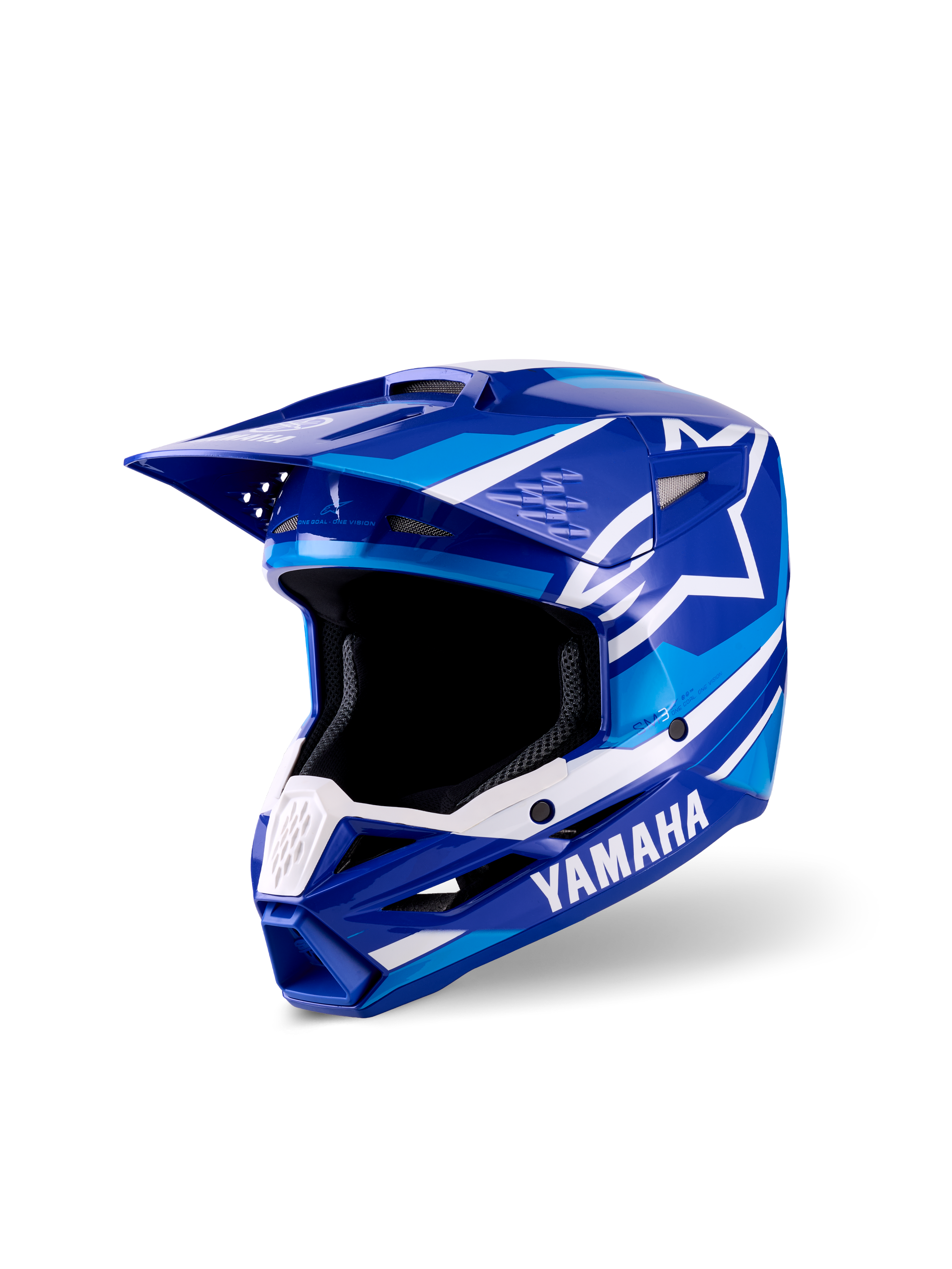 Młodzieżowy kask motocrossowy Alpinestars Yamaha S-M3, niebiesko-białe błyszczące wykończenie, z wyraźnymi logotypami Yamaha i Alpinestars, aerodynamiczną konstrukcją daszka, szerokim otworem na gogle i wentylowaną szczęką dla lepszej wydajności w wyścigach terenowych.