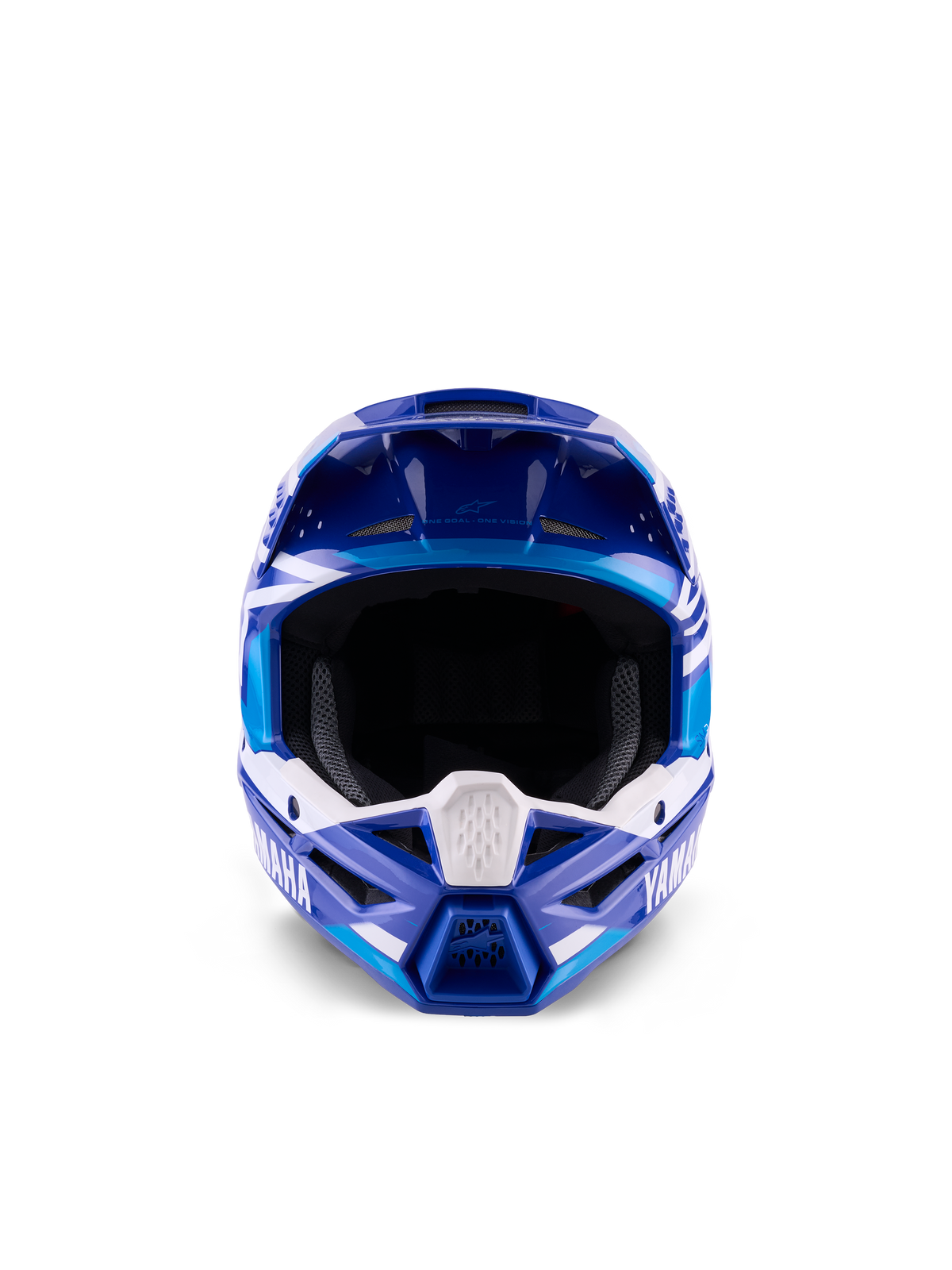 Młodzieżowy kask motocrossowy Alpinestars Yamaha S-M3, niebiesko-biały błyszczący, widok z przodu eksponujący szeroki otwór na gogle i agresywną konstrukcję części szczękowej, logo Yamaha i geometryczne grafiki, profesjonalna ochrona głowy off-road dla młodych motocyklistów