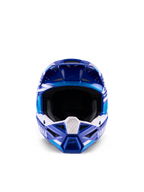 Młodzieżowy kask motocrossowy Alpinestars Yamaha S-M3, niebiesko-biały błyszczący, widok z przodu eksponujący szeroki otwór na gogle i agresywną konstrukcję części szczękowej, logo Yamaha i geometryczne grafiki, profesjonalna ochrona głowy off-road dla młodych motocyklistów