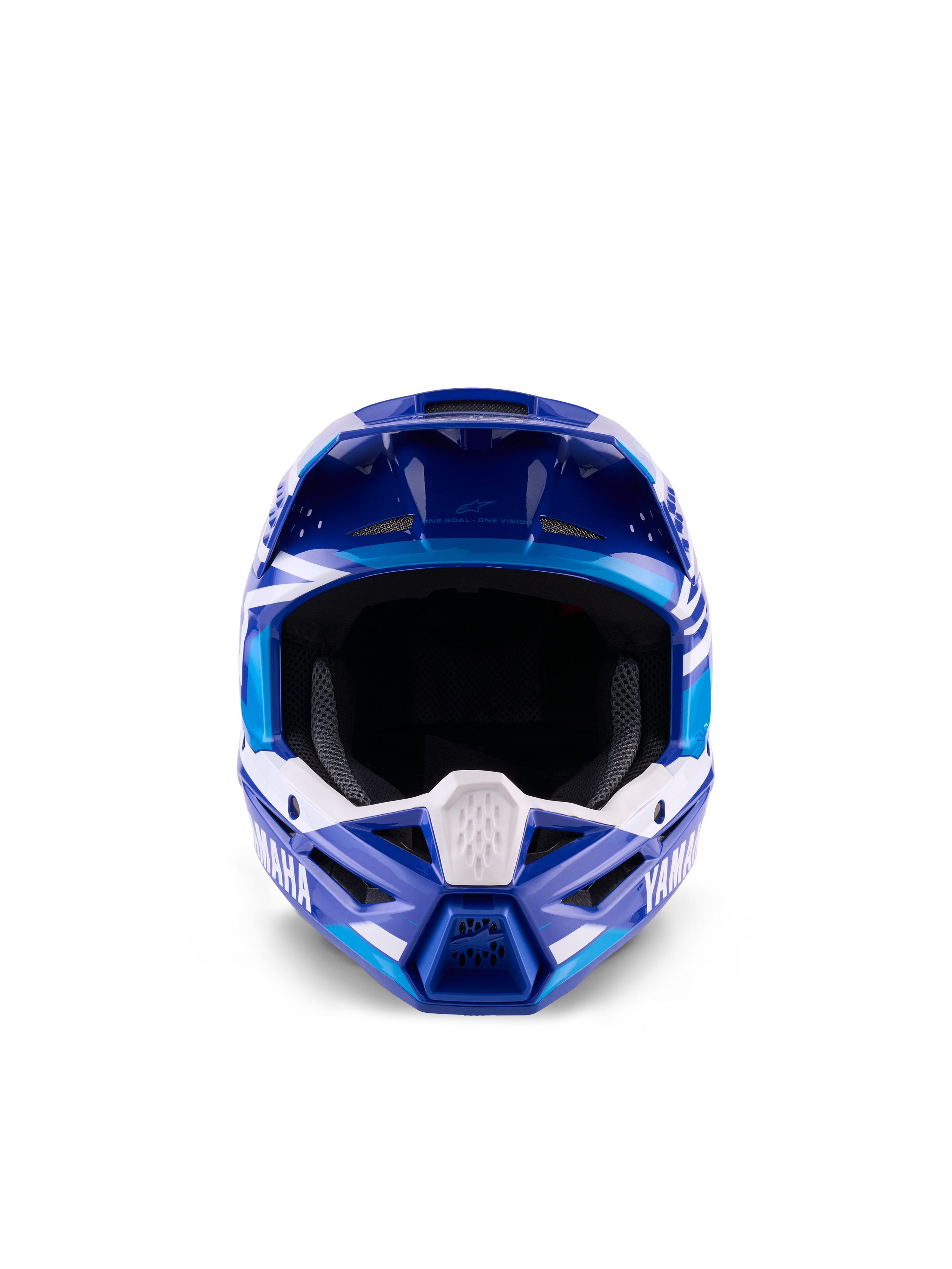 Młodzieżowy kask motocrossowy Alpinestars Yamaha S-M3, niebiesko-biały błyszczący, widok z przodu eksponujący szeroki otwór na gogle i agresywną konstrukcję części szczękowej, logo Yamaha i geometryczne grafiki, profesjonalna ochrona głowy off-road dla młodych motocyklistów