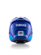 Kask motocrossowy młodzieżowy Yamaha S-M3, widok z tyłu, niebiesko-biały z połyskiem, wyraźne logo Yamaha i Alpinestars, aerodynamiczna konstrukcja skorupy, certyfikat bezpieczeństwa ECE 22.06, profesjonalna ochrona głowy do wyścigów off-road