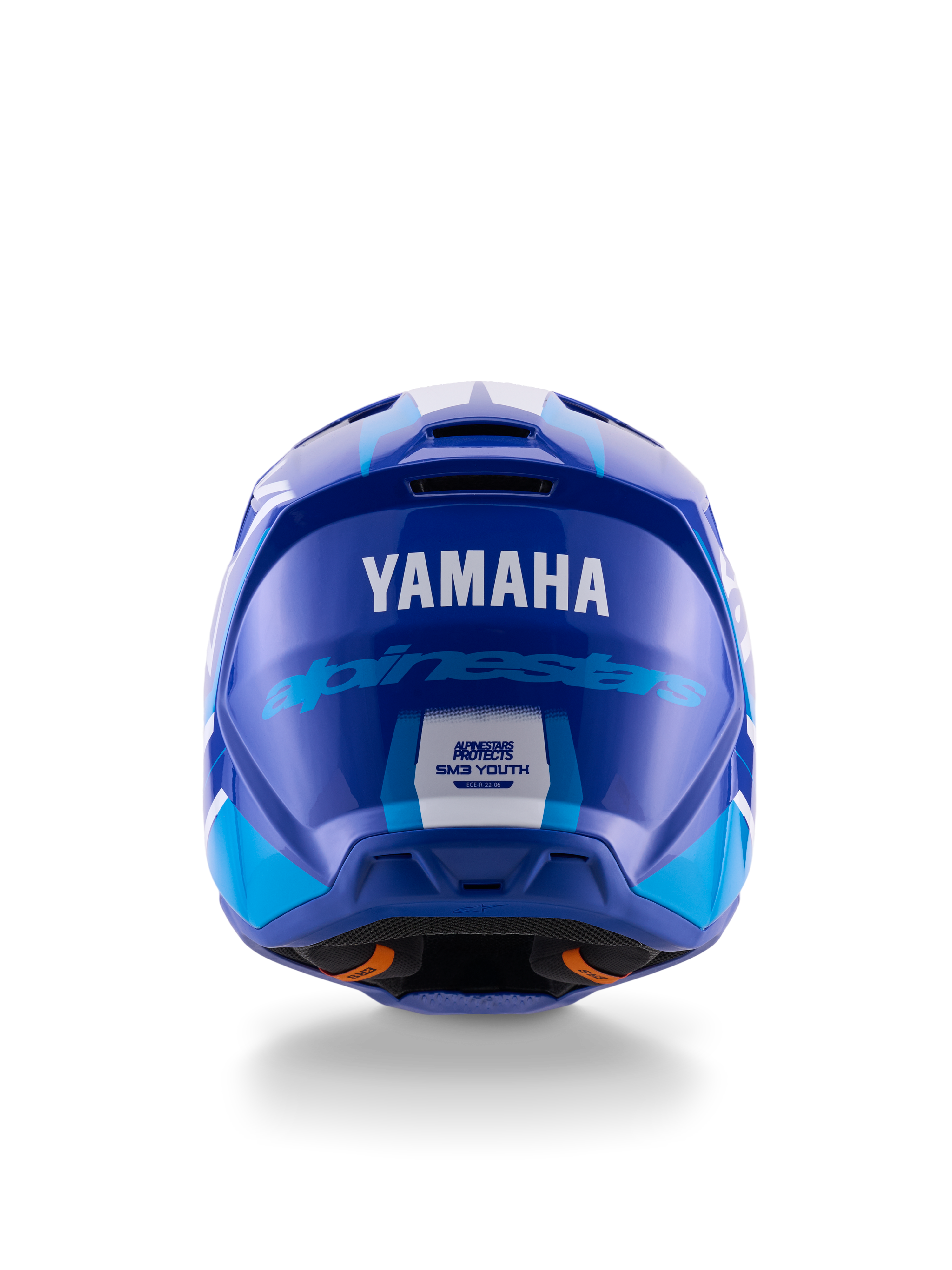 Kask motocrossowy młodzieżowy Yamaha S-M3, widok z tyłu, niebiesko-biały z połyskiem, wyraźne logo Yamaha i Alpinestars, aerodynamiczna konstrukcja skorupy, certyfikat bezpieczeństwa ECE 22.06, profesjonalna ochrona głowy do wyścigów off-road