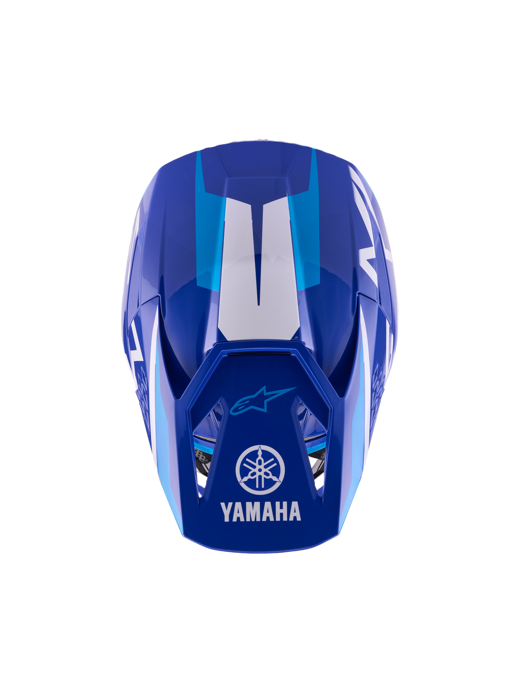 Alpinestars Yamaha S-M3 Youth Motocross Helmet, niebiesko-biały z połyskiem, widok z góry przedstawiający zewnętrzną skorupę i daszek, z logo Yamaha i Alpinestars, aerodynamiczny design z błyszczącym wykończeniem i białymi akcentami graficznymi.