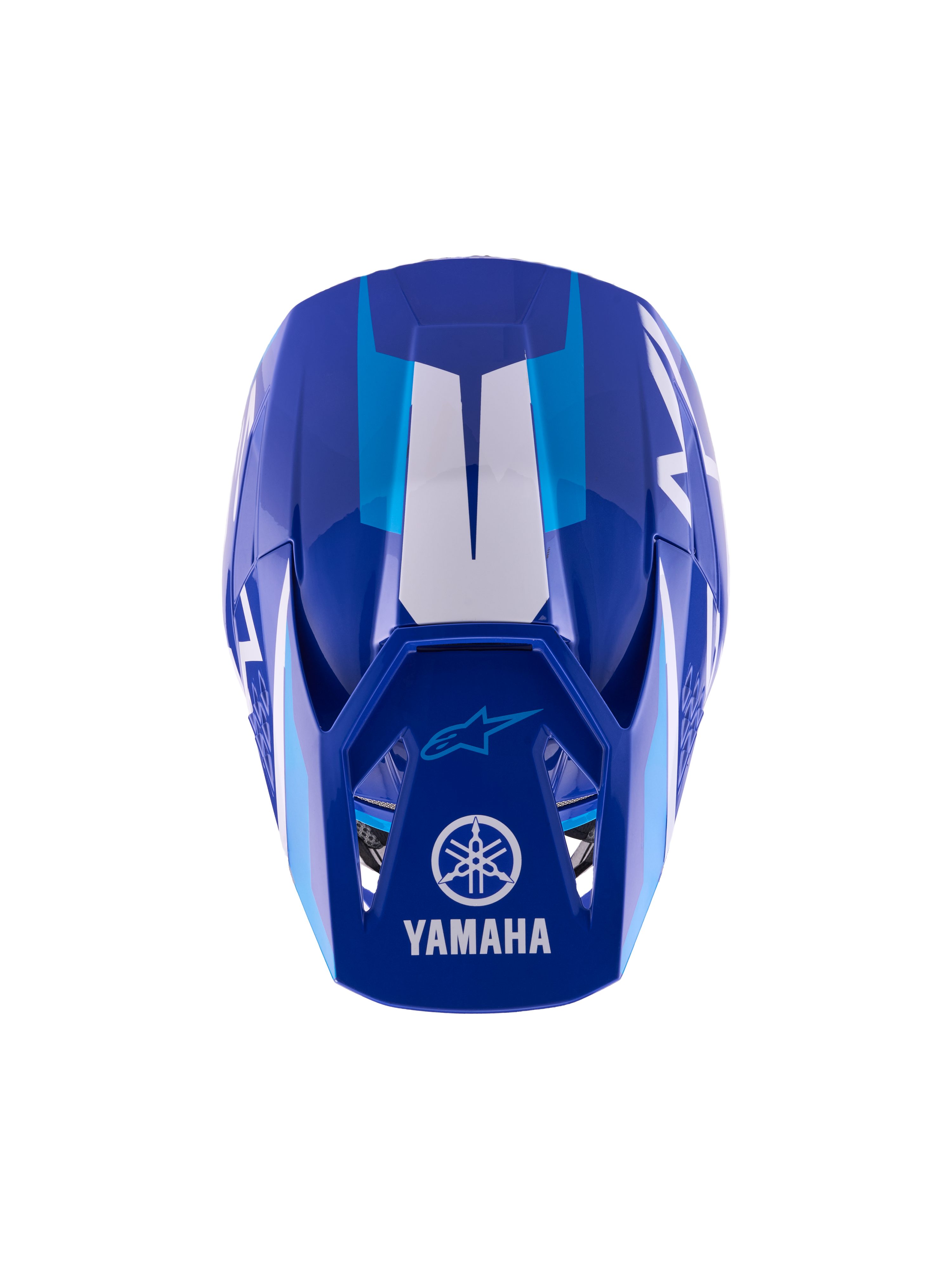Alpinestars Yamaha S-M3 Youth Motocross Helmet, niebiesko-biały z połyskiem, widok z góry przedstawiający zewnętrzną skorupę i daszek, z logo Yamaha i Alpinestars, aerodynamiczny design z błyszczącym wykończeniem i białymi akcentami graficznymi.