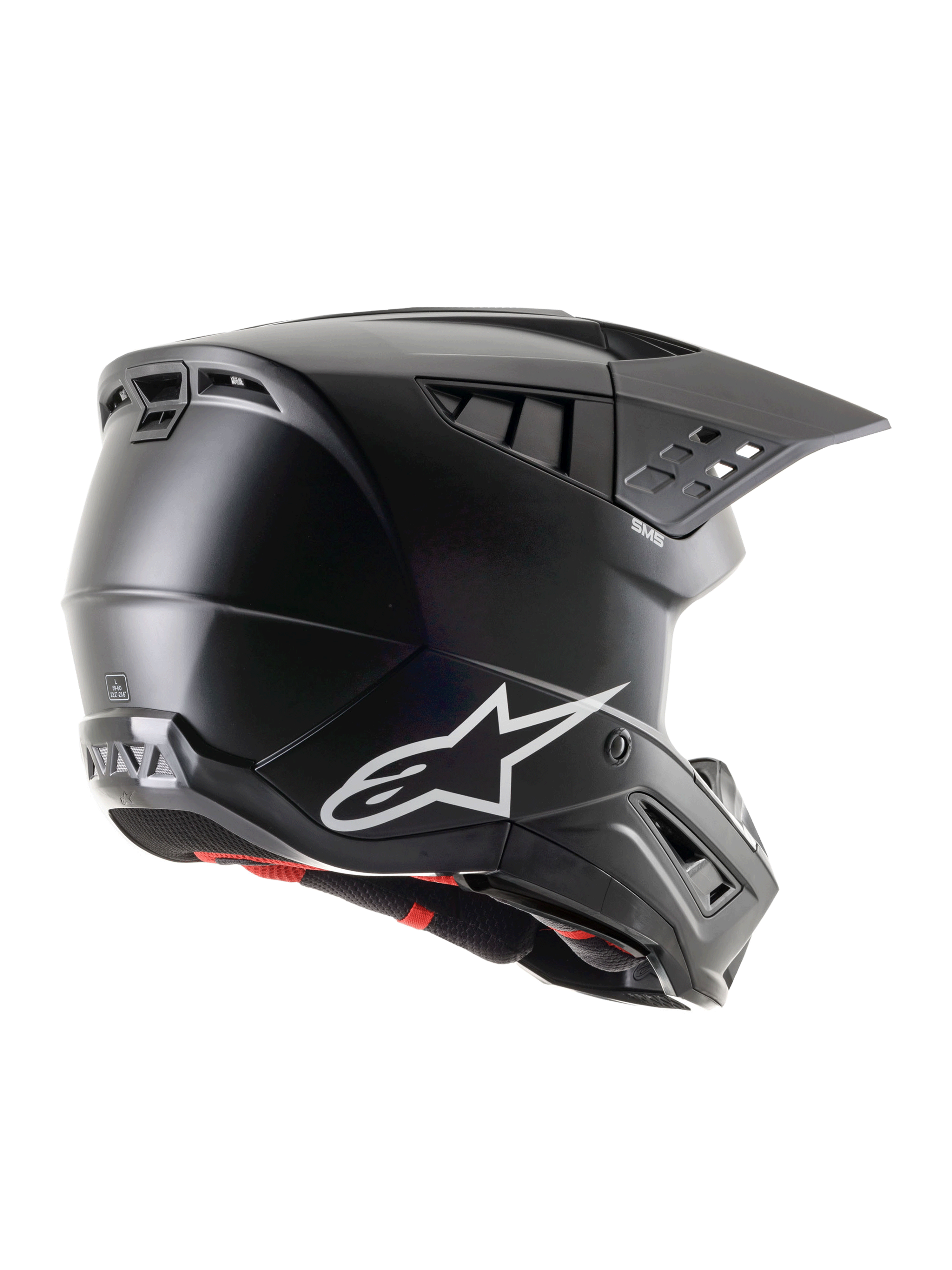 Alpinestars S-M5 Solid Helmet ECE 22.06, czarny matowy kask motocrossowy, widok z profilu boczno-tylnego z białym logo Alpinestars, licznymi otworami wentylacyjnymi i zintegrowanym daszkiem dla ochrony w terenie