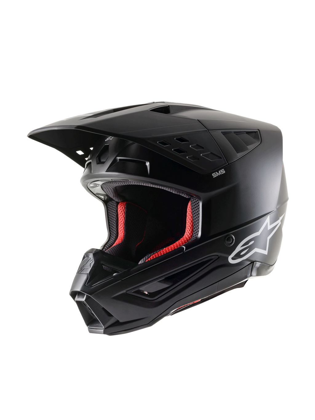 Alpinestars S-M5 Solid Helmet ECE 22.06, kask motocrossowy, czarny mat, widok z trzech czwartych, białe logo Alpinestars z boku, czerwona wyściółka wewnętrzna, aerodynamiczny design z wieloma otworami wentylacyjnymi