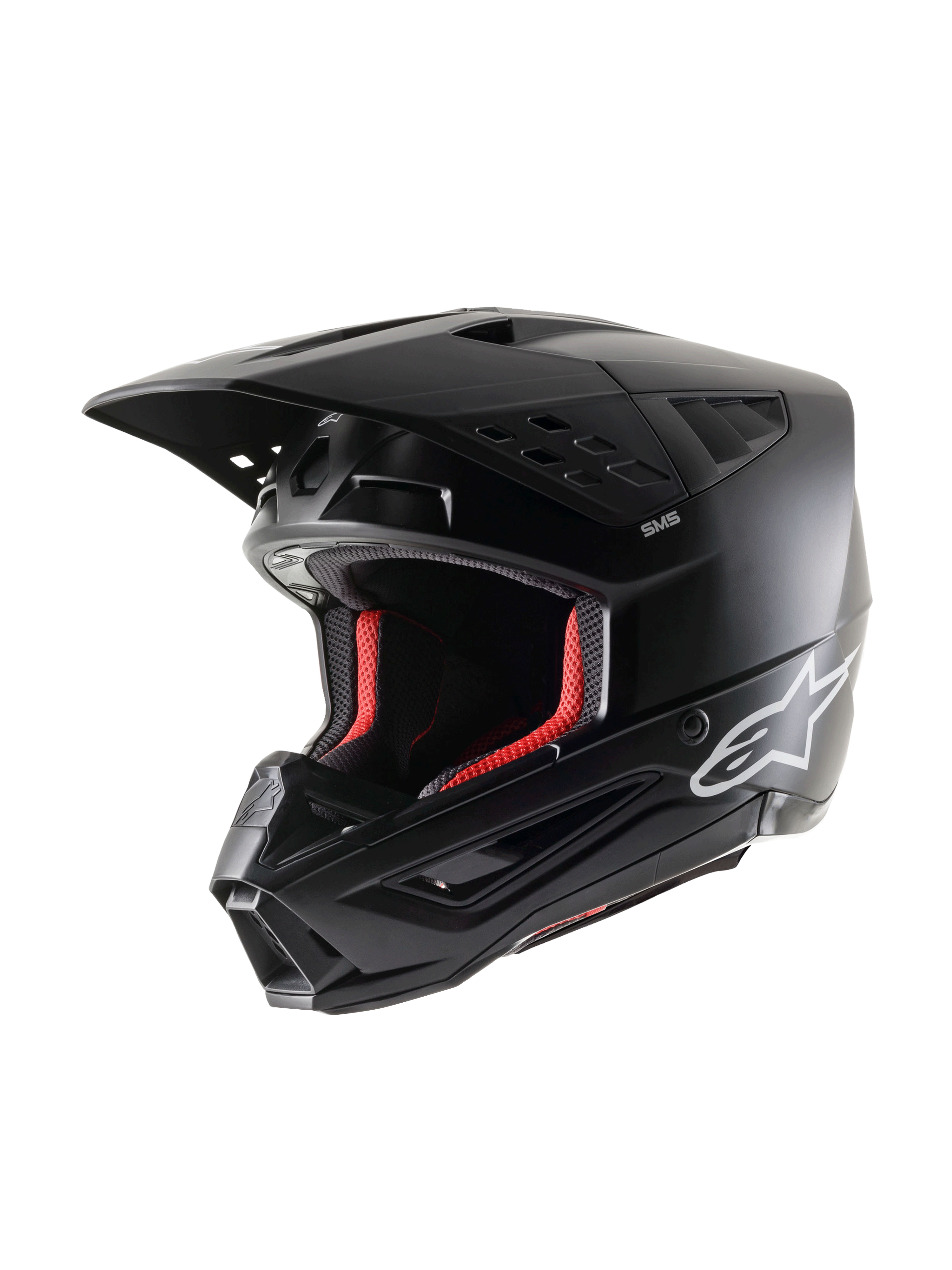Alpinestars S-M5 Solid Helmet ECE 22.06, kask motocrossowy, czarny mat, widok z trzech czwartych, białe logo Alpinestars z boku, czerwona wyściółka wewnętrzna, aerodynamiczny design z wieloma otworami wentylacyjnymi