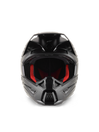 Kask Alpinestars S-M5 Solid, kask motocrossowy, czarny mat, widok z przodu z czerwoną wyściółką wewnętrzną, wyprofilowaną częścią szczękową z otworami wentylacyjnymi i daszkiem ochronnym do wyścigów off-road