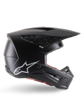 Alpinestars S-M5 Solid Helmet, kask motocrossowy, czarny matowy z białym logo Alpinestars i czerwoną wyściółką, aerodynamiczny design z wieloma otworami wentylacyjnymi i długim daszkiem, certyfikowana ochrona off-road ECE 22.06