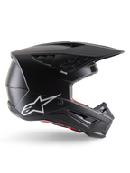Alpinestars S-M5 Solid Helmet, kask motocrossowy, czarny matowy z białym logo Alpinestars i czerwoną wyściółką, aerodynamiczny design z wieloma otworami wentylacyjnymi i długim daszkiem, certyfikowana ochrona off-road ECE 22.06