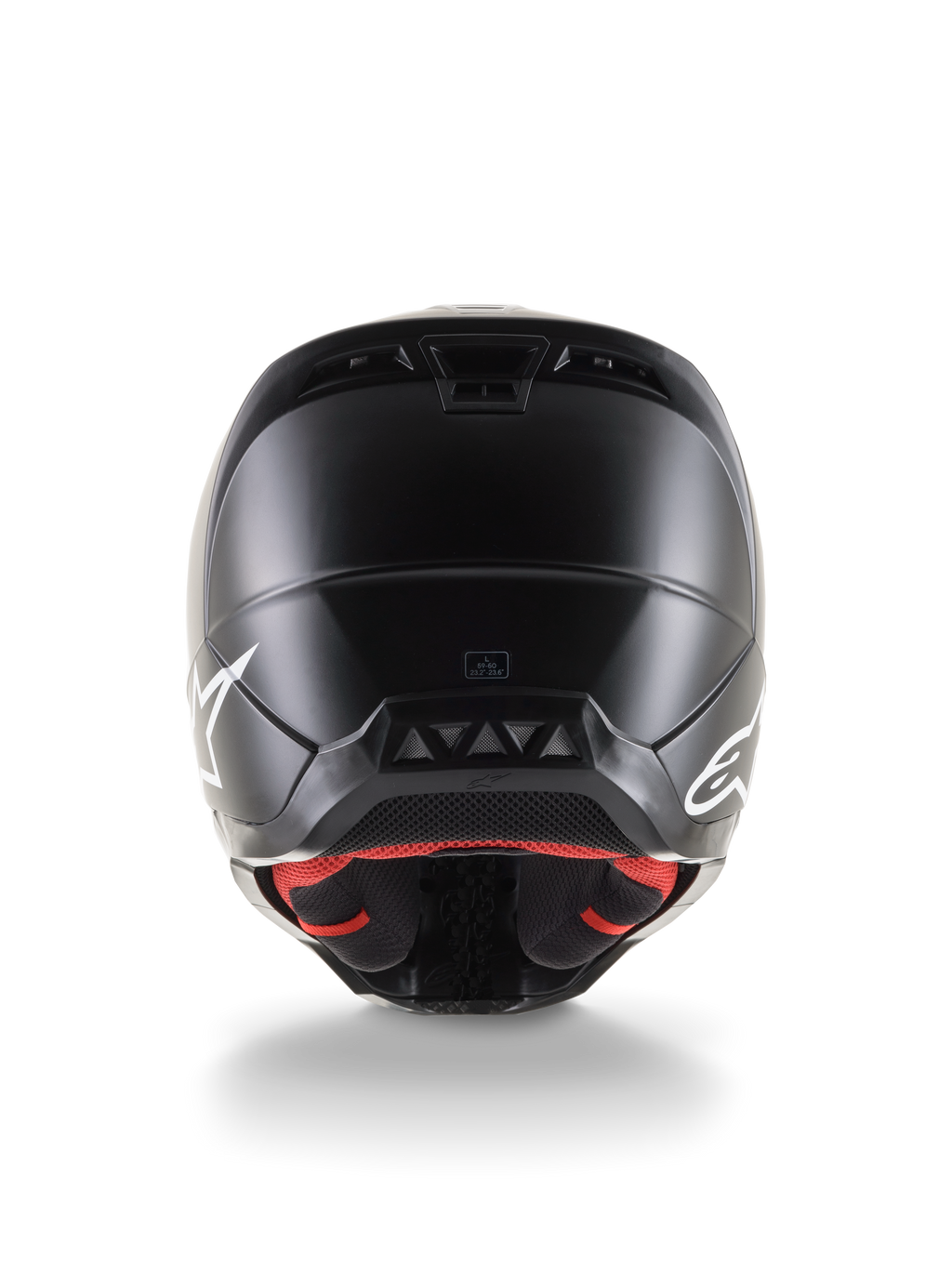 Alpinestars S-M5 Solid Helmet ECE 22.06, kask motocrossowy, widok z tyłu, czarne matowe wykończenie, białe logo po bokach, czerwona wyściółka, aerodynamiczna skorupa z otworami wylotowymi
