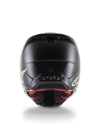 Alpinestars S-M5 Solid Helmet ECE 22.06, kask motocrossowy, widok z tyłu, czarne matowe wykończenie, białe logo po bokach, czerwona wyściółka, aerodynamiczna skorupa z otworami wylotowymi