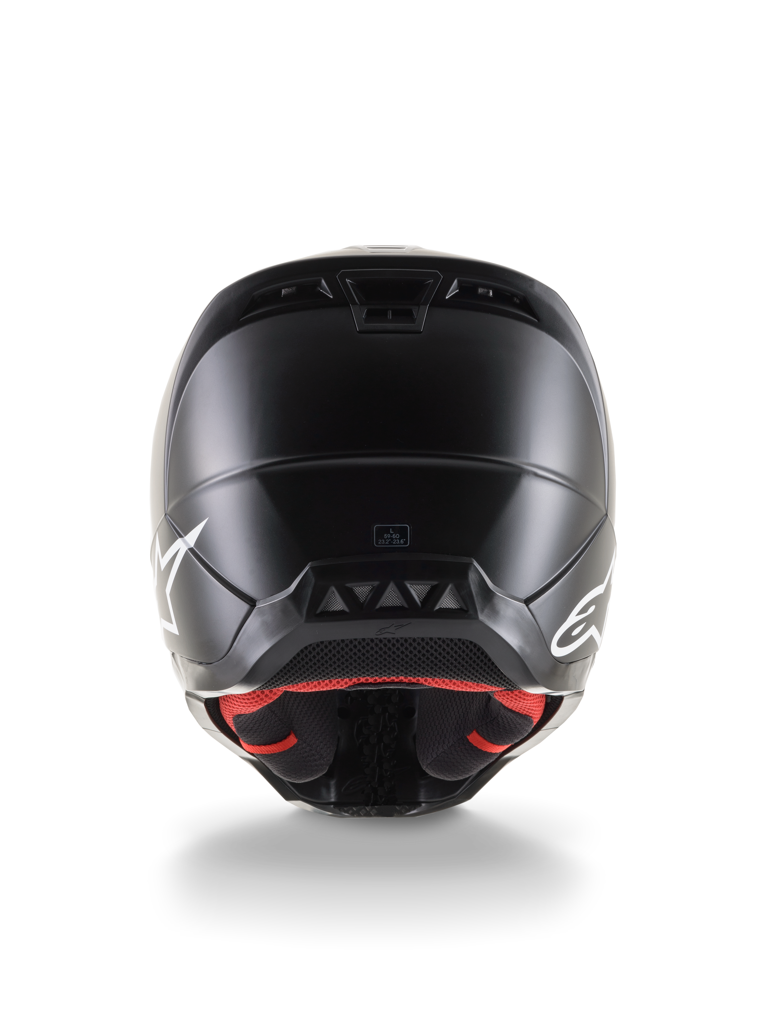 Alpinestars S-M5 Solid Helmet ECE 22.06, kask motocrossowy, widok z tyłu, czarne matowe wykończenie, białe logo po bokach, czerwona wyściółka, aerodynamiczna skorupa z otworami wylotowymi