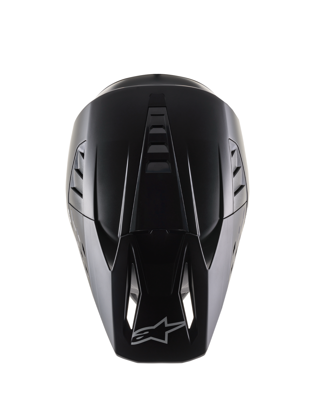 Alpinestars S-M5 Solid Helmet ECE 22.06, kask motocrossowy, czarny mat, widok z góry pokazujący aerodynamiczną skorupę z żebrowaniem wentylacyjnym, daszek z wlotami powietrza i logo Alpinestars, gładkie matowe wykończenie zaprojektowane do wyścigów terenowych