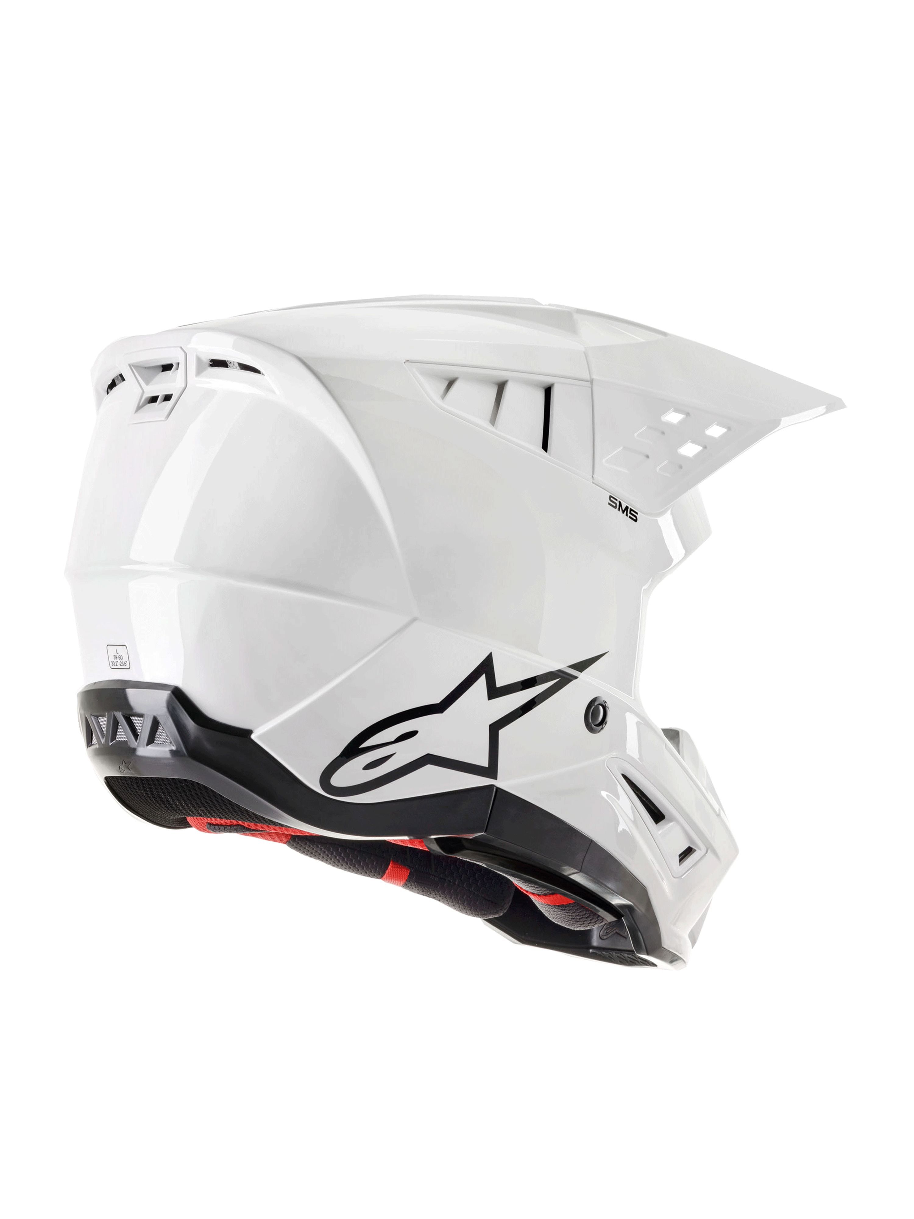 Kask Alpinestars S-M5 Solid ECE 22.06, kask motocrossowy, biały błyszczący, widok z tyłu z boku z czarnym logo Astars, zintegrowane otwory wentylacyjne i smukła aerodynamiczna konstrukcja skorupy