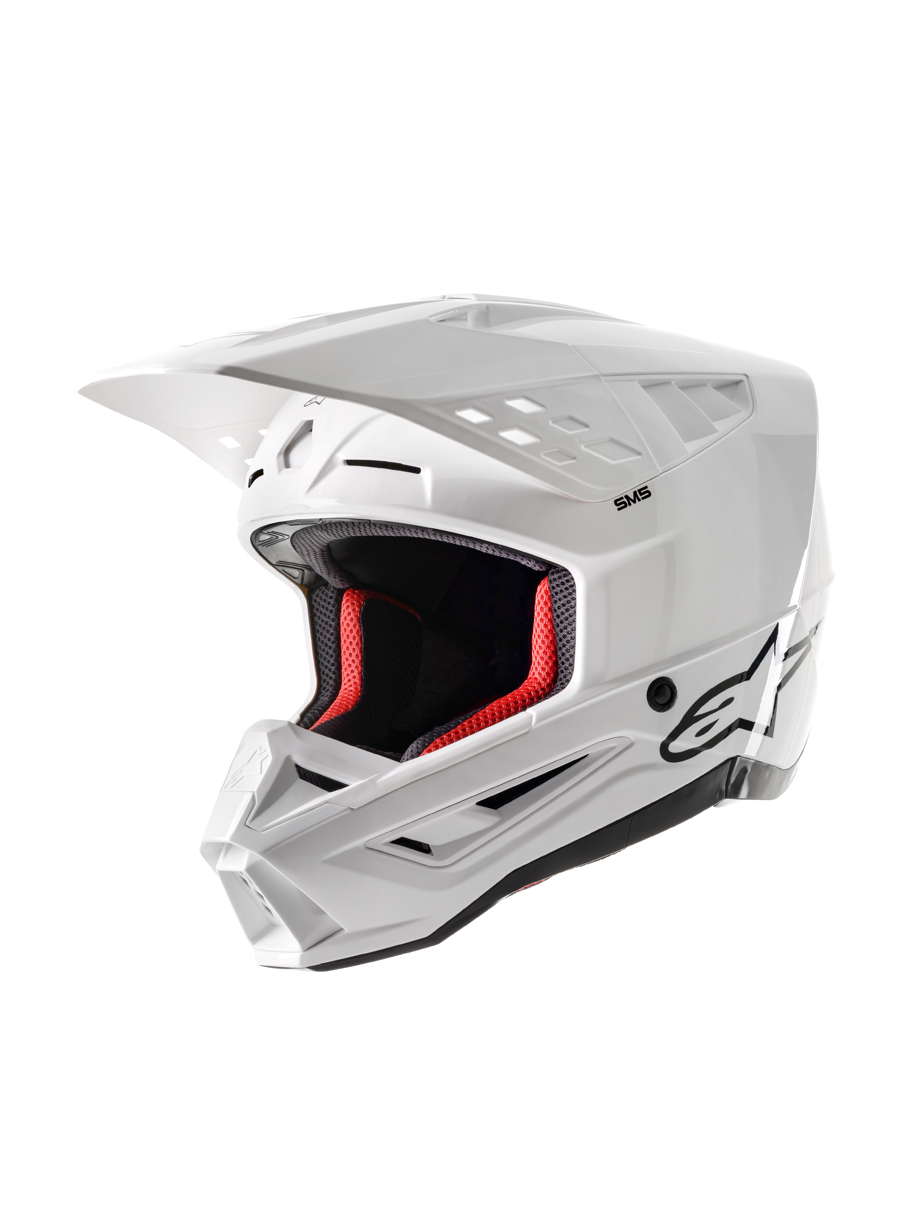 Alpinestars S-M5 Solid Helmet ECE 22.06, kask motocrossowy, biały z połyskiem, z czerwoną wyściółką, czarnym logo Alpinestars, aerodynamicznym daszkiem i licznymi otworami wentylacyjnymi dla ochrony w wyścigach off-road