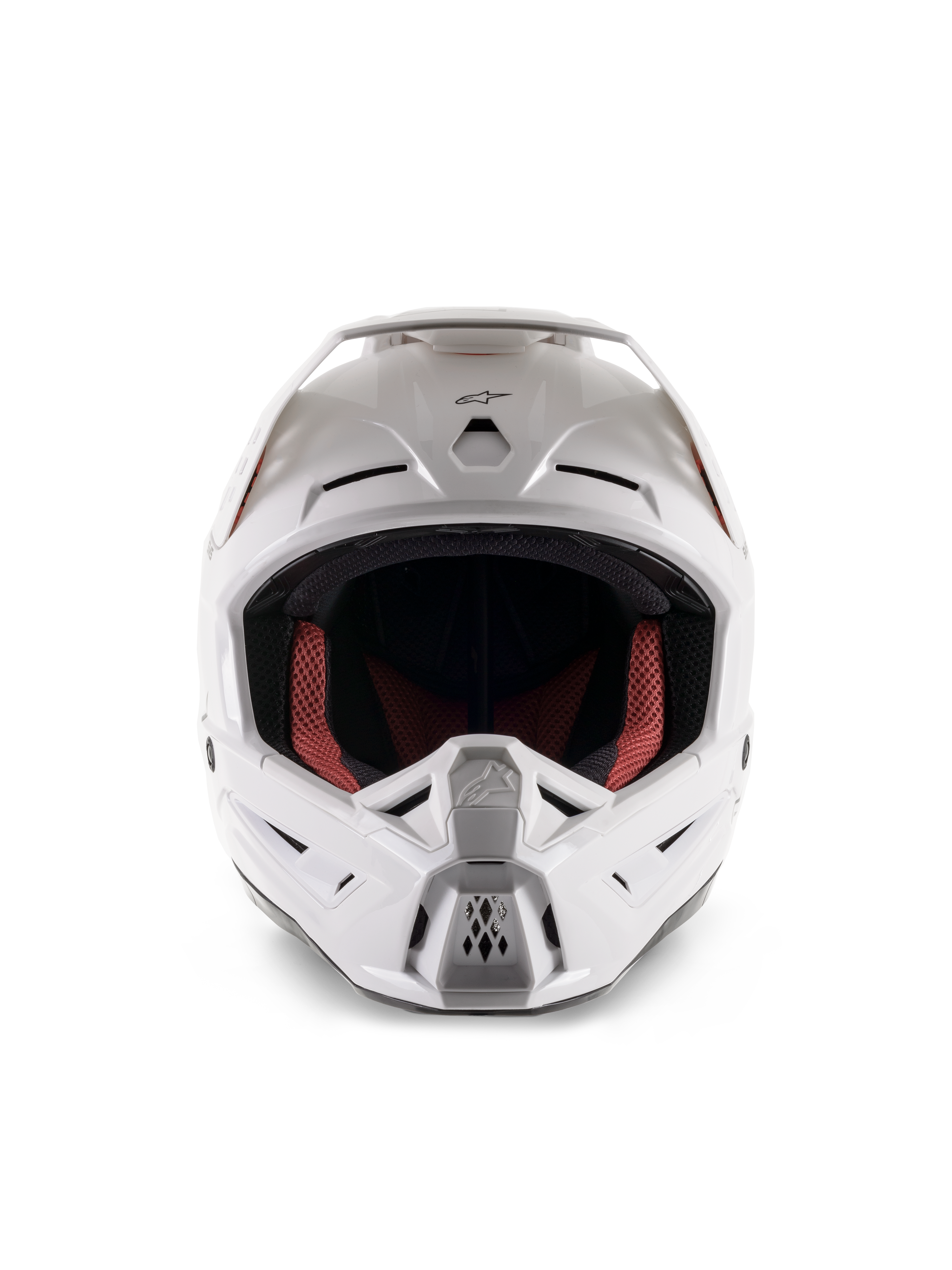 Alpinestars S-M5 Solid Helmet ECE 22.06, kask motocrossowy, biały połysk, widok z przodu, z wieloma wlotami powietrza na szczęce i czole, szeroki daszek, czerwono-czarna wyściółka wewnętrzna, smukły i aerodynamiczny design do jazdy terenowej