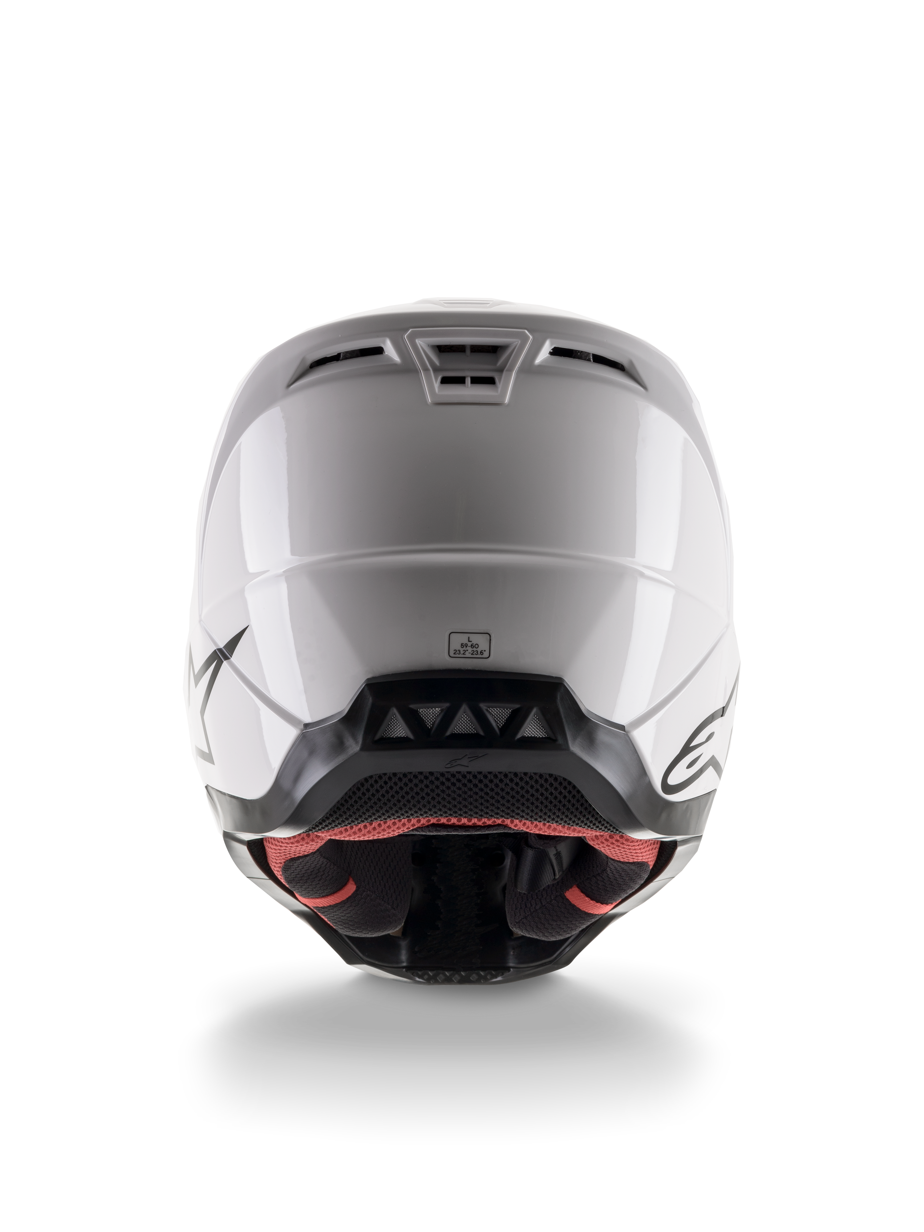 Alpinestars S-M5 Solid Helmet ECE 22.06, kask motocrossowy, biały błyszczący, widok z tyłu z aerodynamicznymi otworami wylotowymi i czarnym dolnym wykończeniem z logo, stylowy sprzęt ochronny do wyścigów terenowych