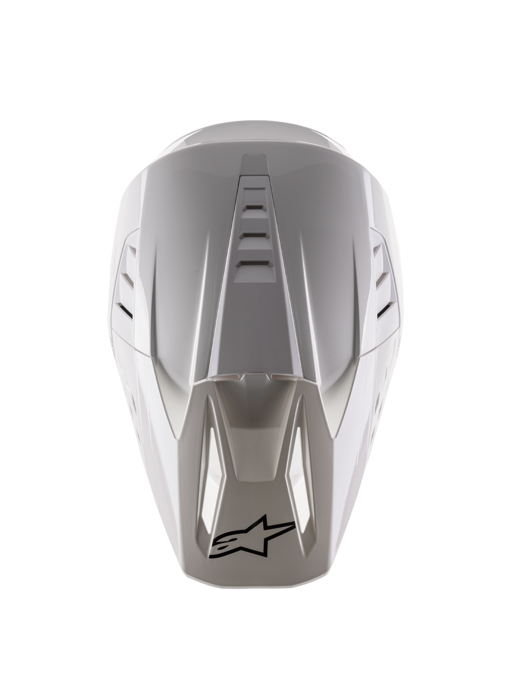 Alpinestars S-M5 Solid Helmet ECE 22.06, kask motocrossowy, biały błyszczący, widok z góry ukazujący górne otwory wentylacyjne oraz czarne logo na czubku daszka