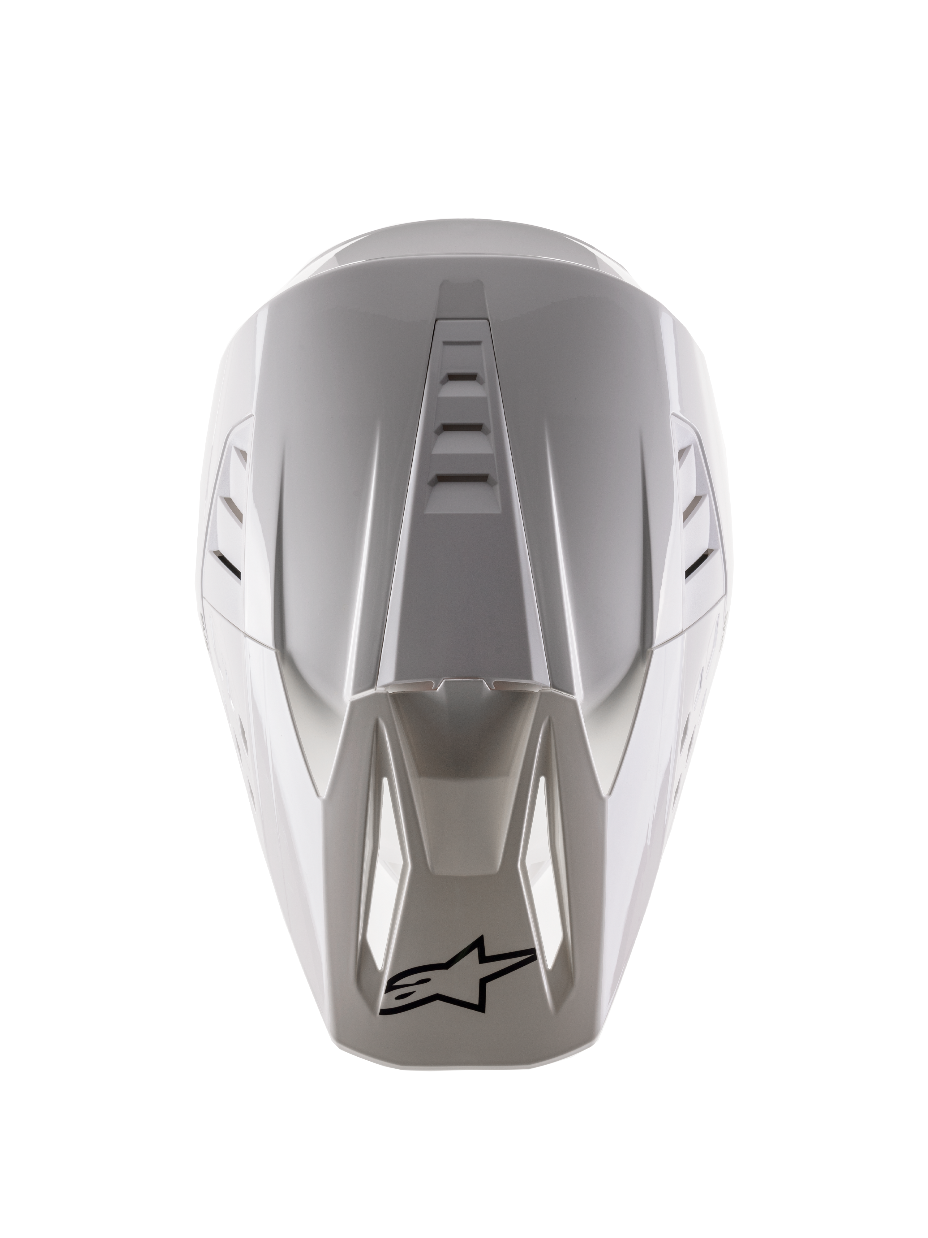 Alpinestars S-M5 Solid Helmet ECE 22.06, kask motocrossowy, biały błyszczący, widok z góry ukazujący górne otwory wentylacyjne oraz czarne logo na czubku daszka