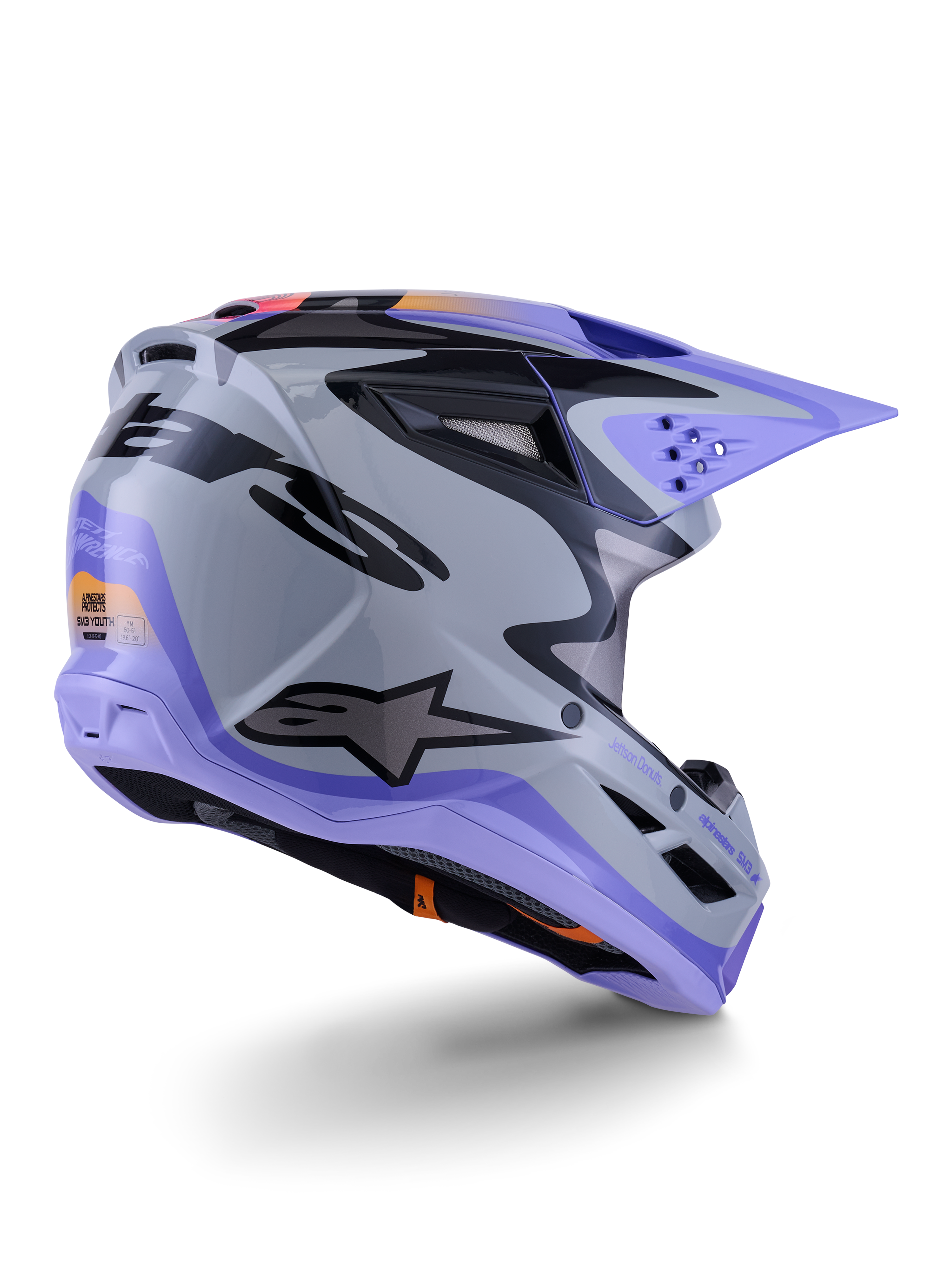 Alpinestars S-M3 Jettson Youth Helmet, Motocross Helmet, Gray Purple and Black Glossy, rear three-quarter view, featuring a purple visor, black Alpinestars logo, and multiple ventilation ports, sleek design for youth off-road racing
