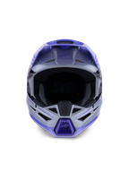 Kask Alpinestars S-M3 Jettson, kask motocrossowy, szaro-fioletowy i czarny błyszczący, widok z przodu z szerokim otworem na gogle i wentylowaną osłoną szczęki z fioletowymi akcentami, smukła konstrukcja termo-wtryskiwanej skorupy dla wydajności off-road