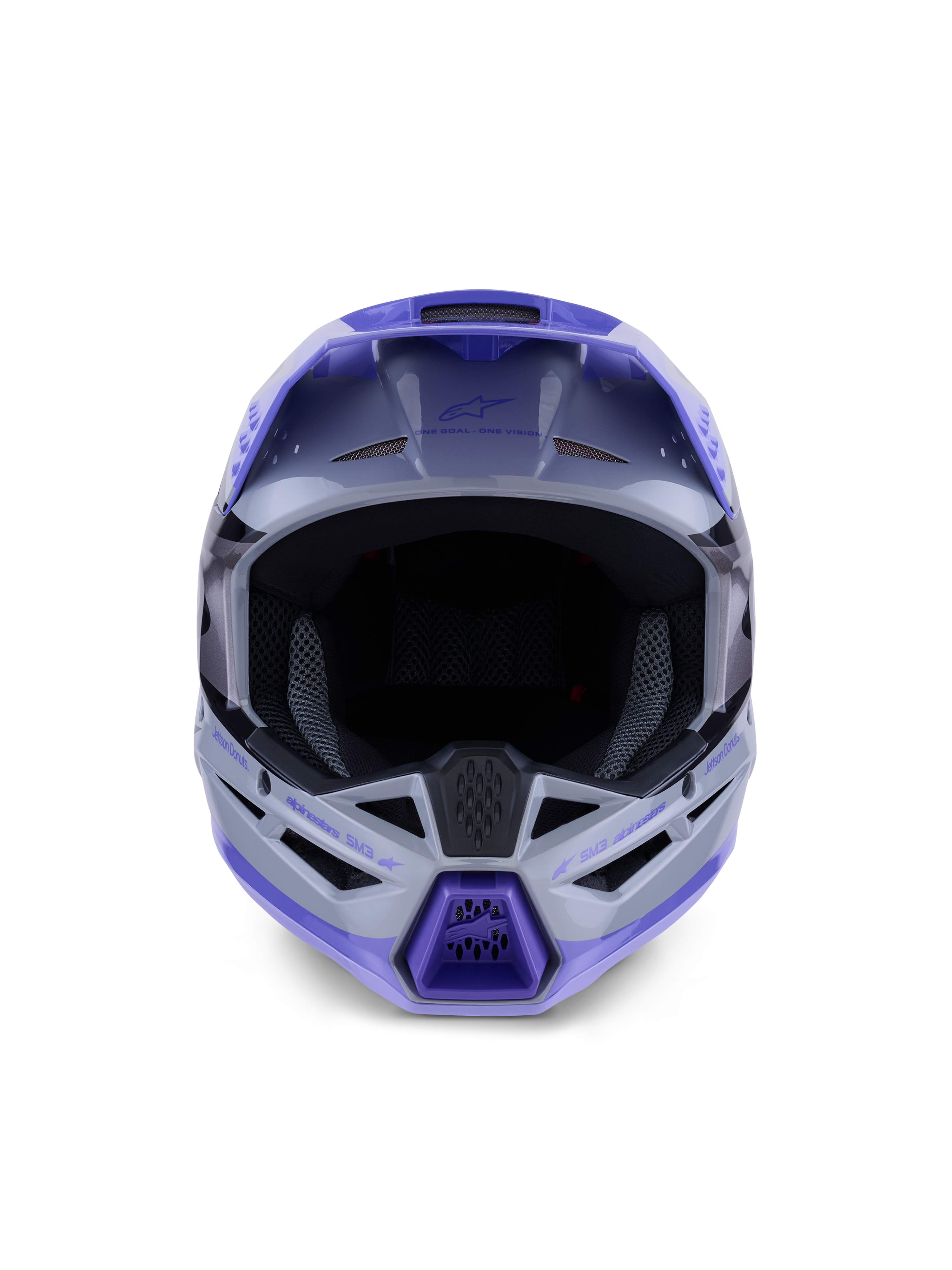 Kask Alpinestars S-M3 Jettson, kask motocrossowy, szaro-fioletowy i czarny błyszczący, widok z przodu z szerokim otworem na gogle i wentylowaną osłoną szczęki z fioletowymi akcentami, smukła konstrukcja termo-wtryskiwanej skorupy dla wydajności off-road