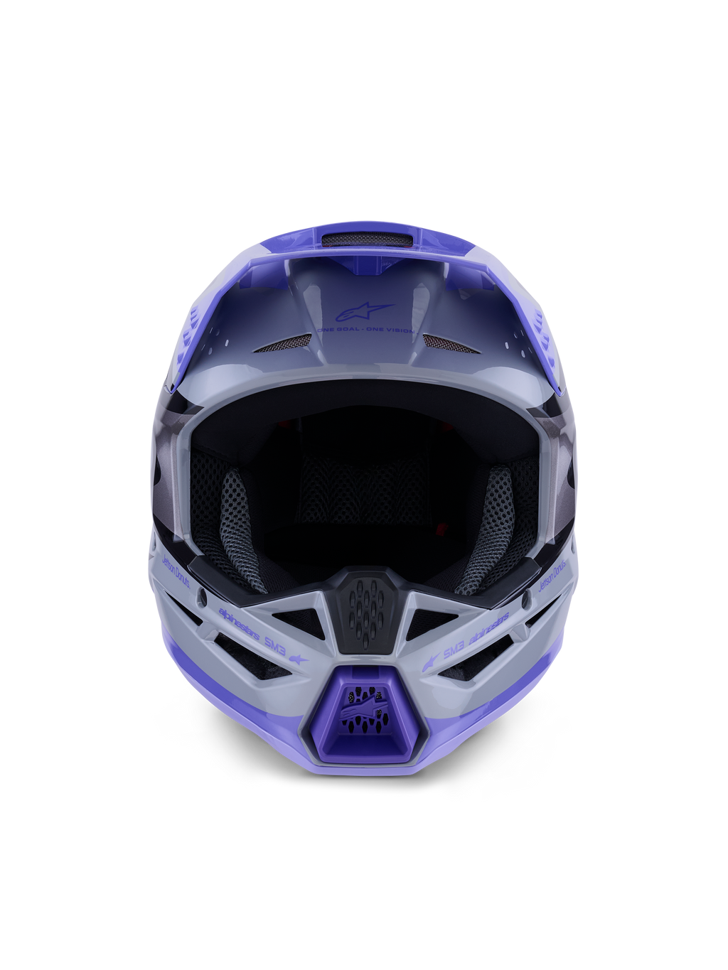Alpinestars S-M3 Jettson Youth Helmet, Motocross Helmet, Gray Purple and Black Glossy finish, front view showing large eye port for goggles and ventilated chin guard, professional off-road head protection.