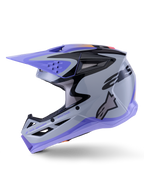 Kask Alpinestars S-M3 Jettson, kask motocrossowy, szaro-fioletowo-czarny błyszczący, widok z profilu z nowoczesną grafiką i regulowanym daszkiem, z wieloma otworami wentylacyjnymi i brandingiem Alpinestars, zaawansowana ochrona off-road