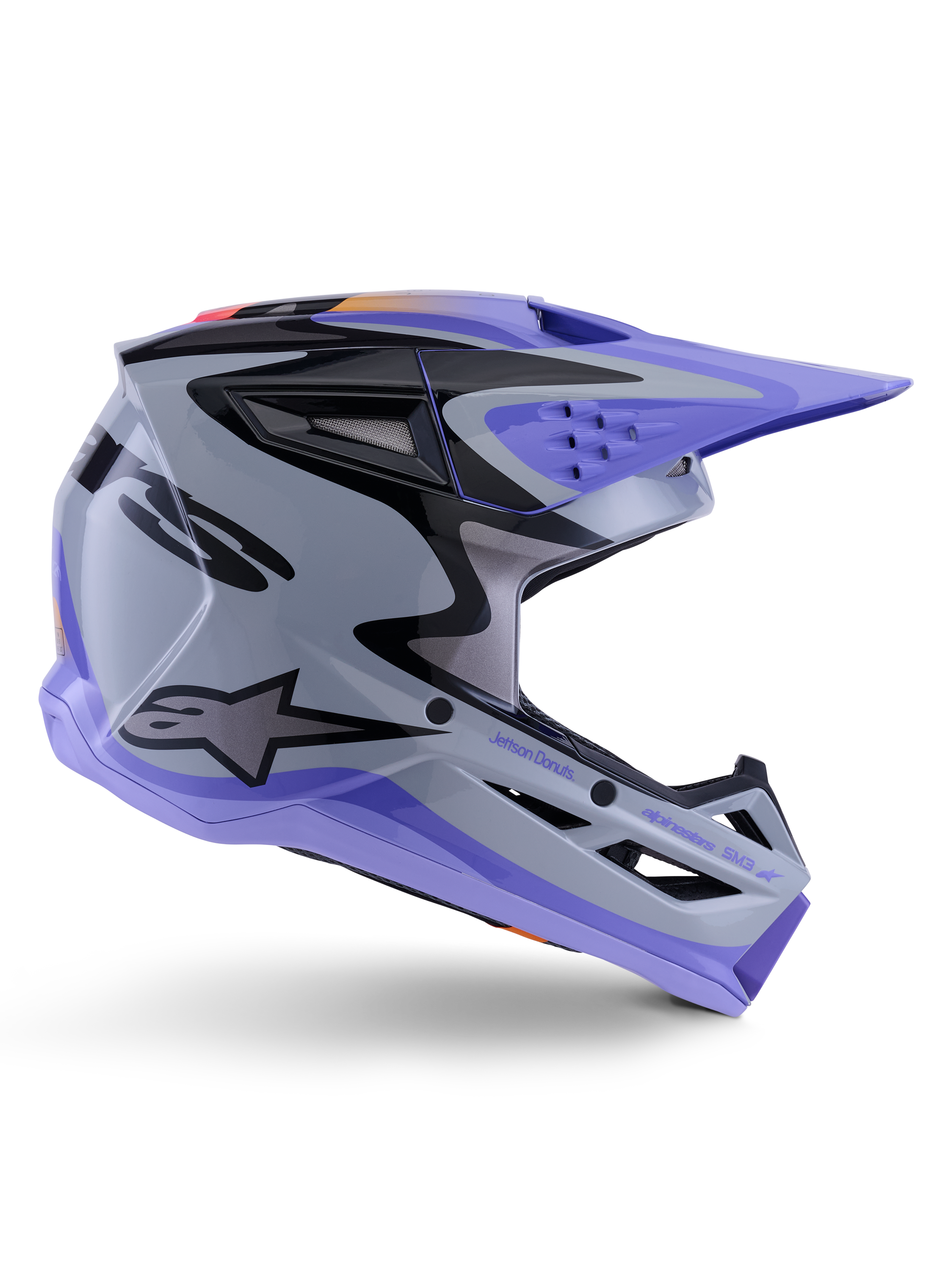 Alpinestars S-M3 Jettson Youth Helmet, Motocross Helmet, Gray Purple and Black Glossy, side profile featuring sharp angular graphics and 'Jettson Donuts' branding, aerodynamic shell design with ventilation ports and Alpinestars logo, high-performance youth off-road protective gear