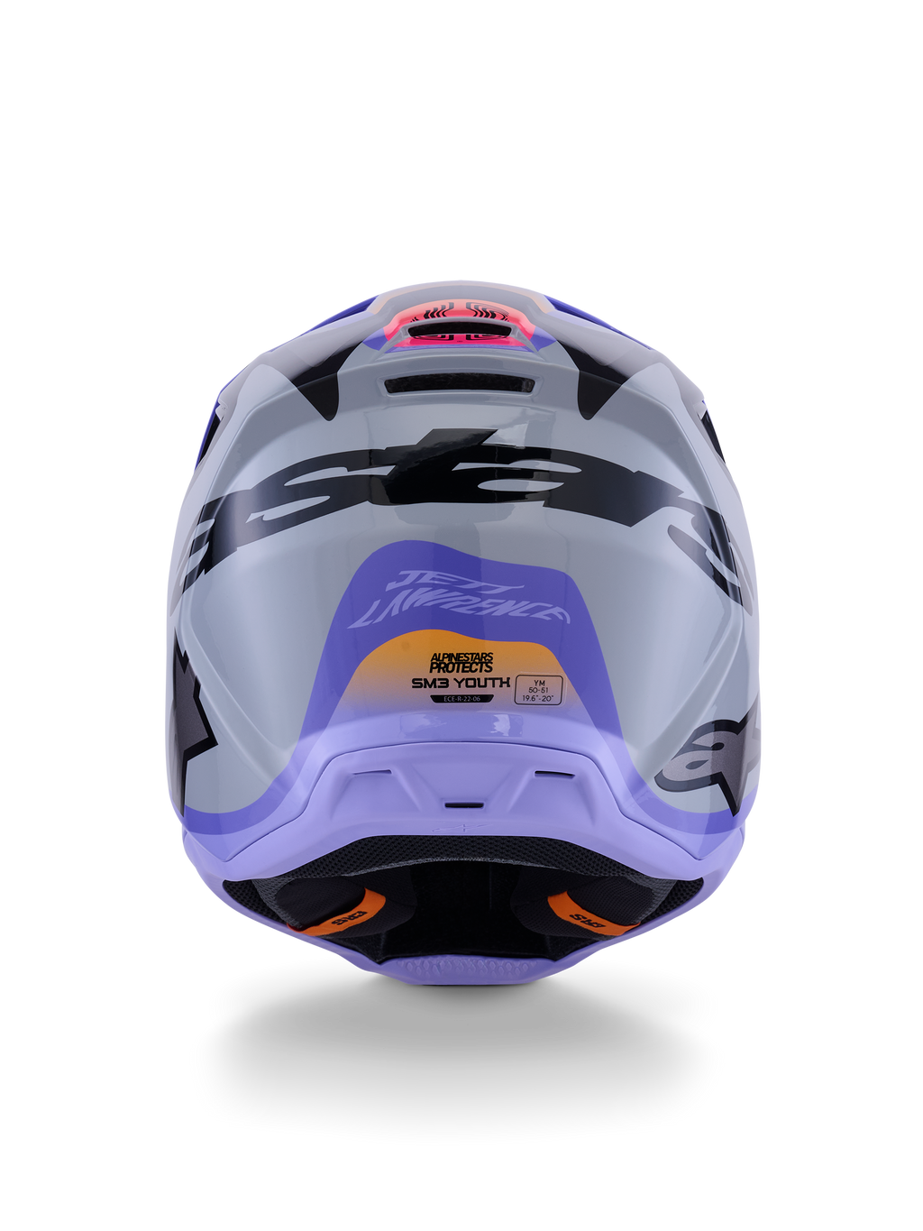 Kask młodzieżowy Alpinestars S-M3 Jettson, widok z tyłu, szary z fioletową i czarną błyszczącą grafiką, z autorskim wzorem Jetta Lawrence'a i logo Alpinestars, kask motocrossowy off-road