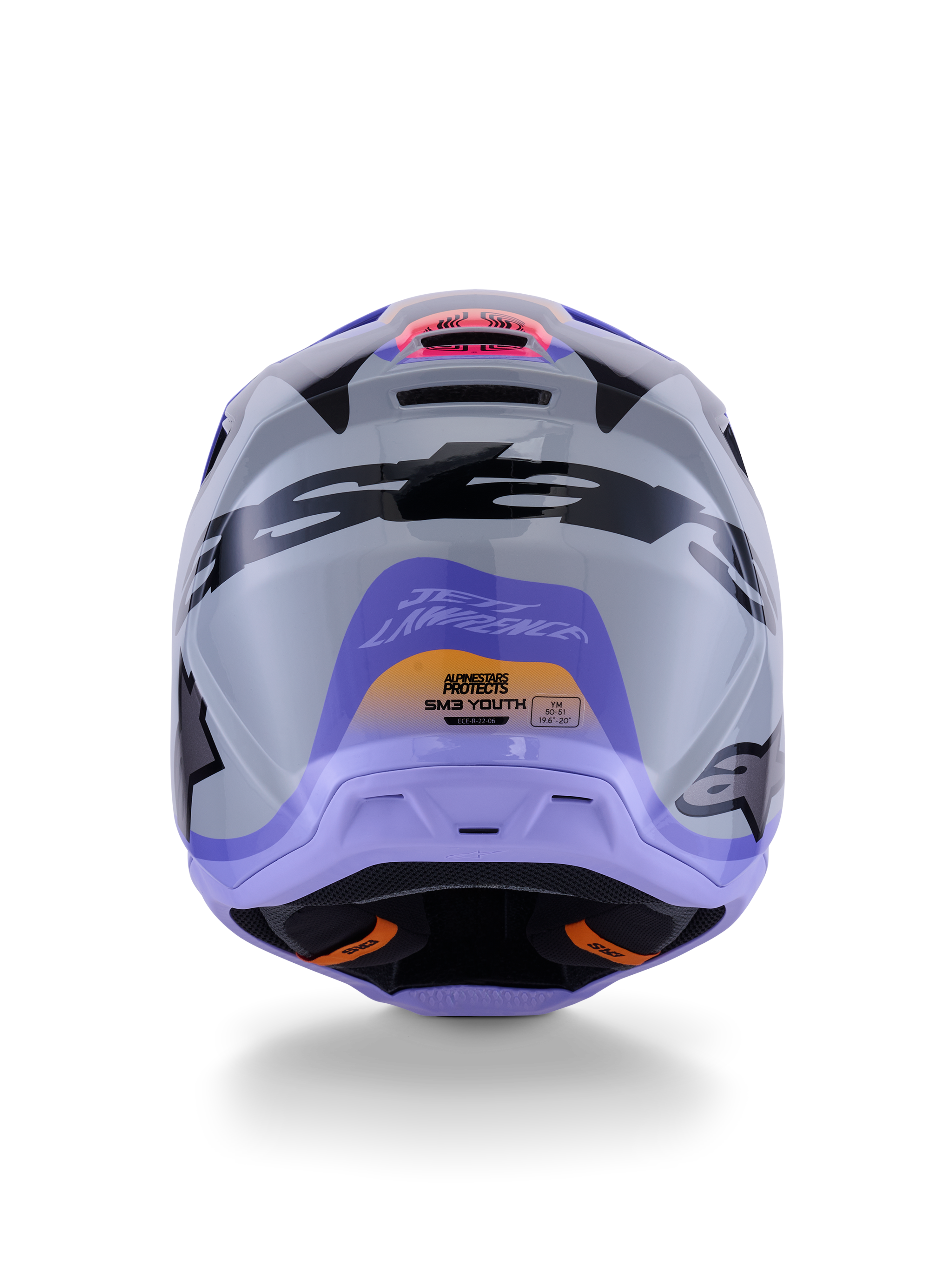 Kask młodzieżowy Alpinestars S-M3 Jettson, widok z tyłu, szary z fioletową i czarną błyszczącą grafiką, z autorskim wzorem Jetta Lawrence'a i logo Alpinestars, kask motocrossowy off-road