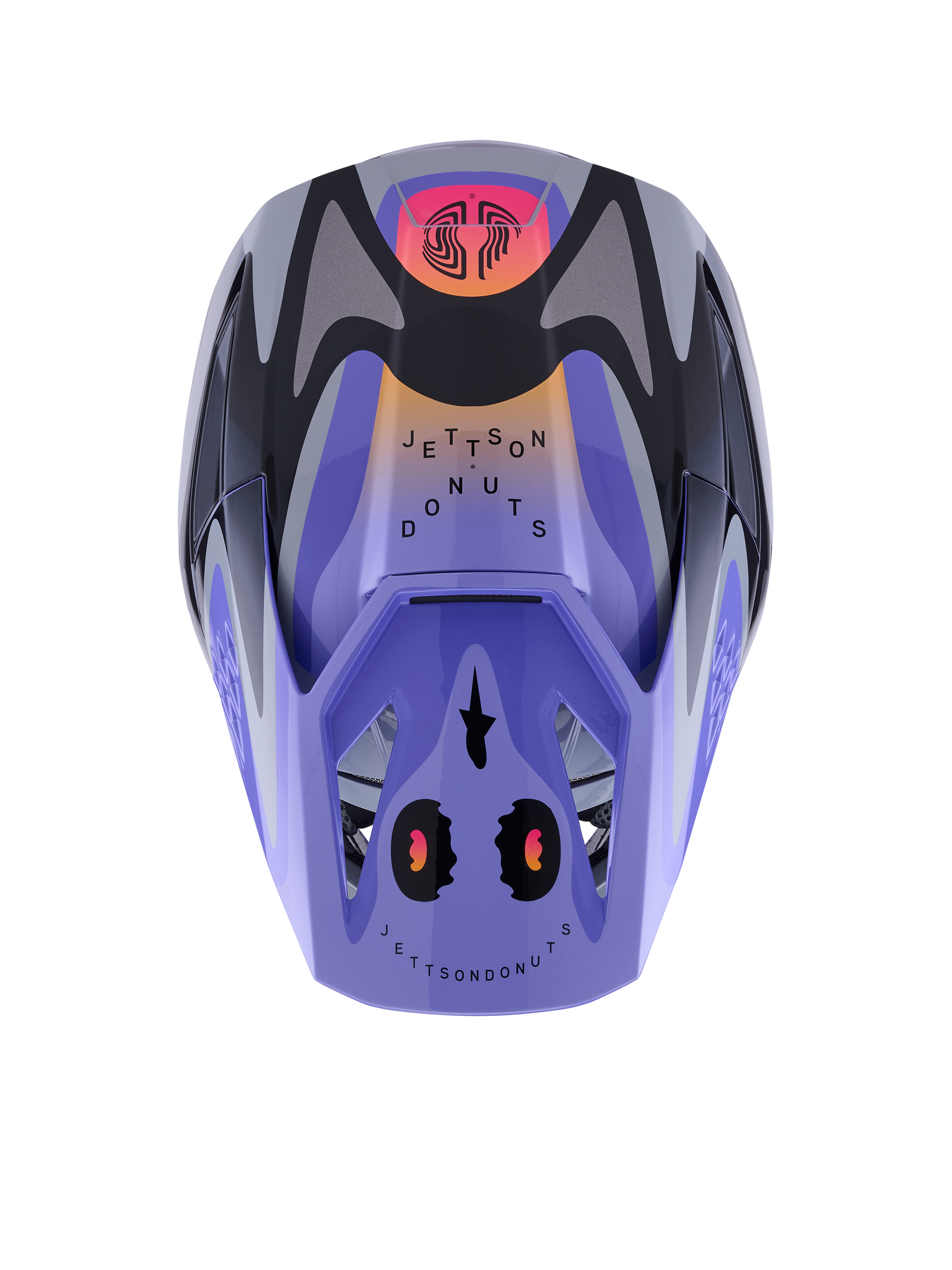 Alpinestars S-M3 Jettson Youth Helmet, Motocross Helmet, Gray Purple and Black Glossy, top view featuring 'Jettson Donuts' graphic patterns on a lavender base, black and gray accents, and protective visor peak