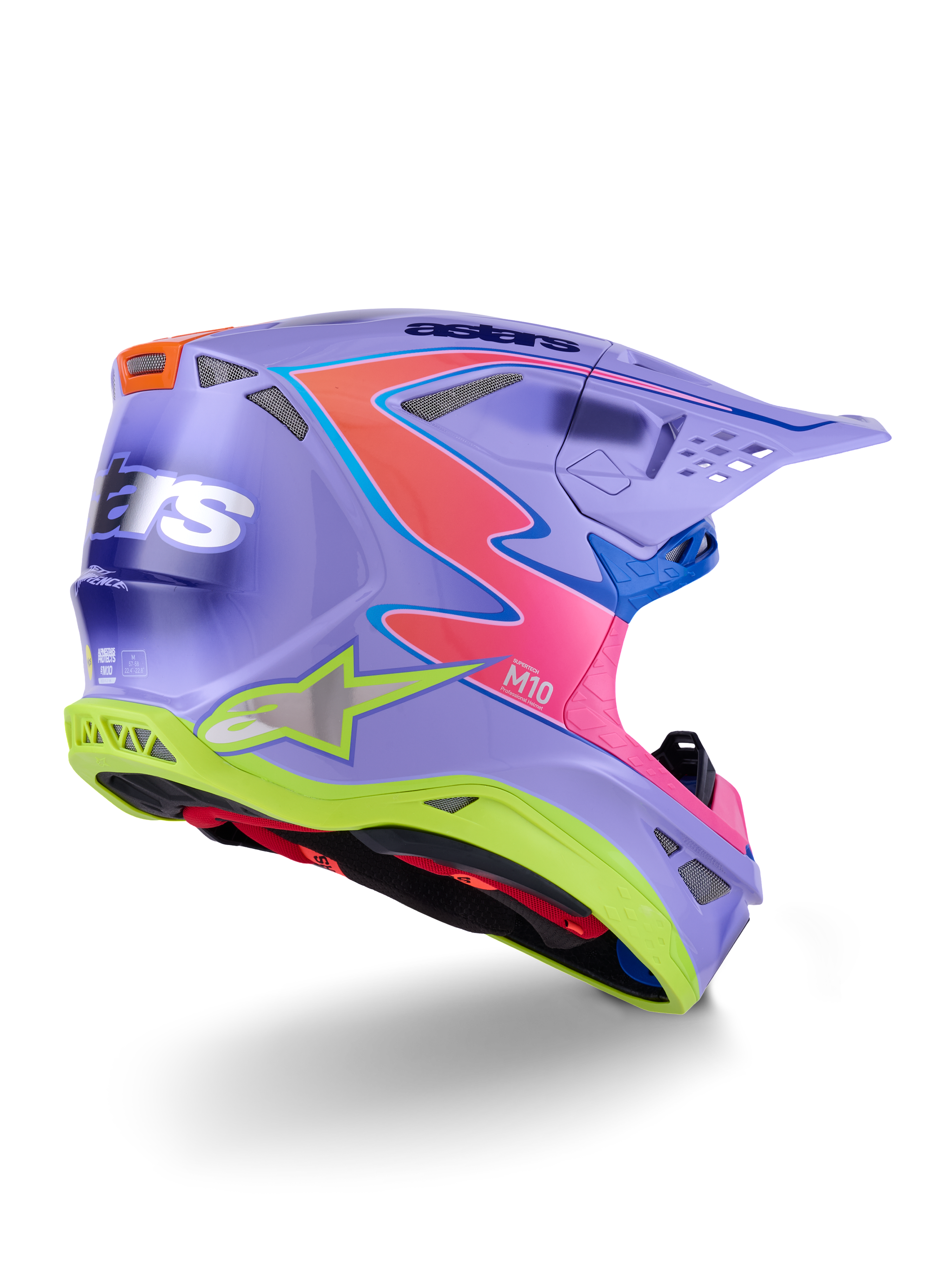 Alpinestars Supertech M10 Jett Lawrence R01 Helmet, kask motocrossowy, fioletowy z różowymi i neonowymi żółtymi akcentami, odważny wzór graficzny z logo Alpinestars, aerodynamiczna skorupa z otworami wentylacyjnymi i daszkiem ochronnym