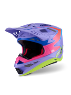 Alpinestars Supertech M10 Jett Lawrence R01 Helmet, kask motocrossowy, fioletowo-różowy i fluorescencyjny żółty połysk, aerodynamiczny design z wielokompozytową skorupą z włókna węglowego, liczne otwory wentylacyjne i dynamiczna grafika wyścigowa dla wydajności w terenie