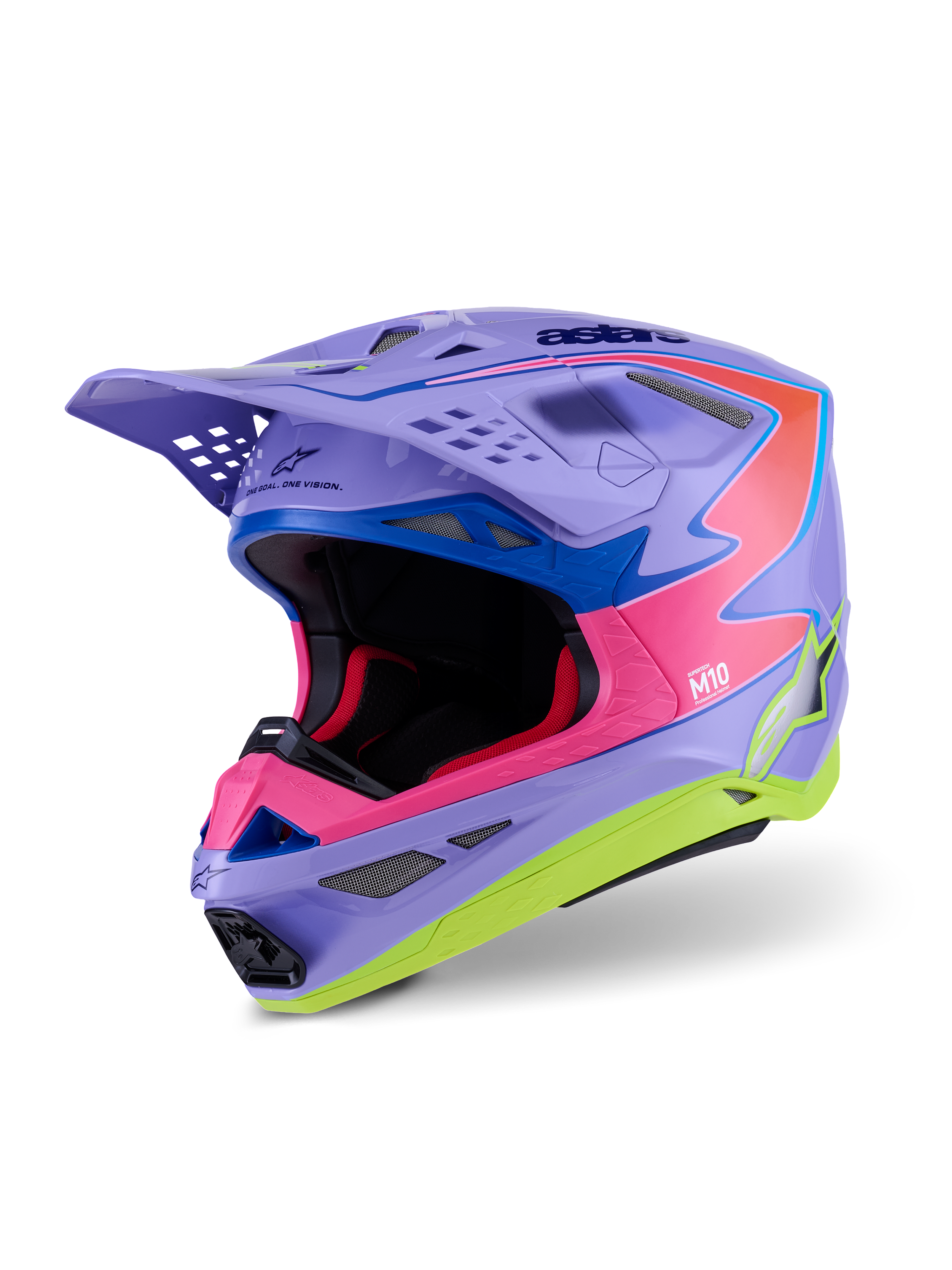 Alpinestars Supertech M10 Jett Lawrence R01 Helmet, kask motocrossowy, fioletowo-różowy i fluorescencyjny żółty połysk, aerodynamiczny design z wielokompozytową skorupą z włókna węglowego, liczne otwory wentylacyjne i dynamiczna grafika wyścigowa dla wydajności w terenie