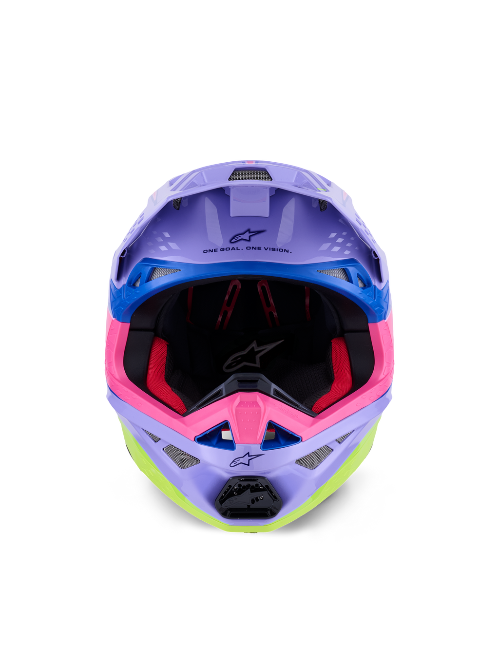 Kask Alpinestars Supertech M10 Jett Lawrence R01, kask motocrossowy, fioletowy, różowy i neonowy żółty z połyskiem, widok z przodu pokazujący wewnętrzną wyściółkę i część szczękową, napis „ONE GOAL. ONE VISION.” pod daszkiem, kolorowa grafika wyścigowa z niebieskimi akcentami