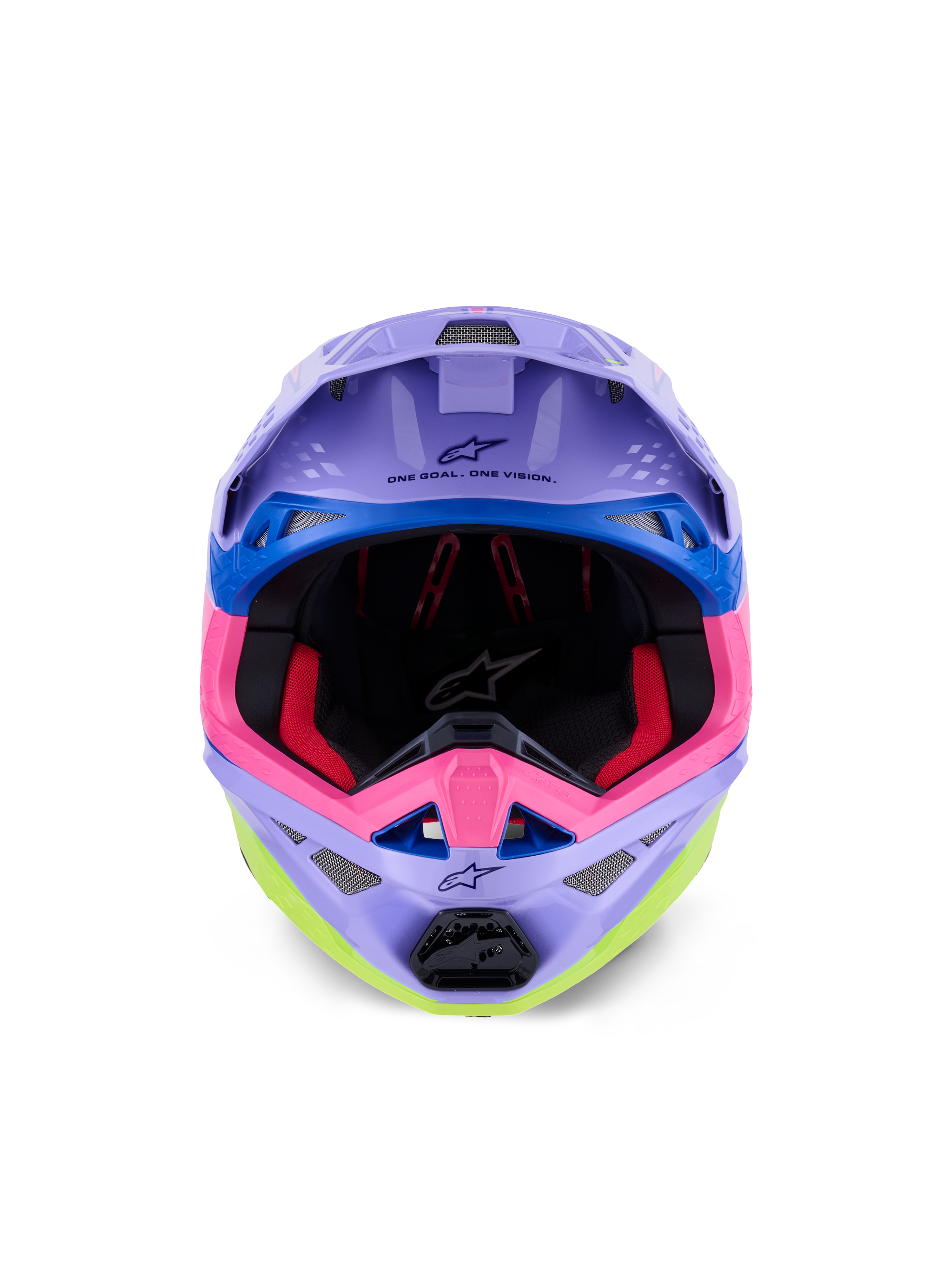 Kask Alpinestars Supertech M10 Jett Lawrence R01, kask motocrossowy, fioletowy, różowy i neonowy żółty z połyskiem, widok z przodu pokazujący wewnętrzną wyściółkę i część szczękową, napis „ONE GOAL. ONE VISION.” pod daszkiem, kolorowa grafika wyścigowa z niebieskimi akcentami