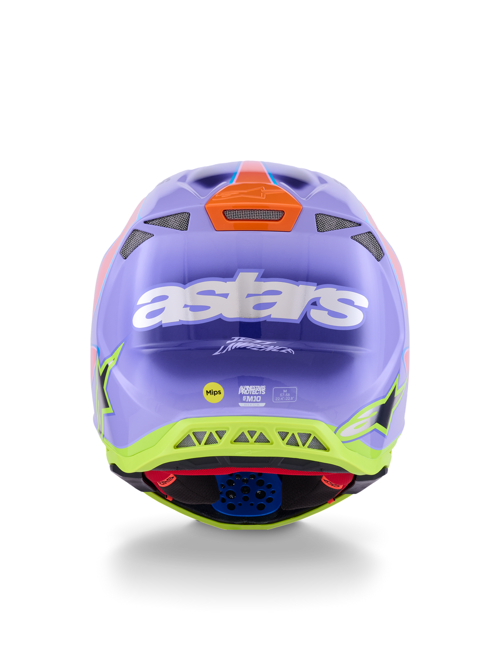 Kask Alpinestars Supertech M10 Jett Lawrence R01, kask motocrossowy, fioletowo-różowy i fluorescencyjny żółty, widok z tyłu z wyraźnym białym logo astars, podpisem Jetta Lawrence'a i licznymi otworami wentylacyjnymi, smukły aerodynamiczny design do wyścigów off-road