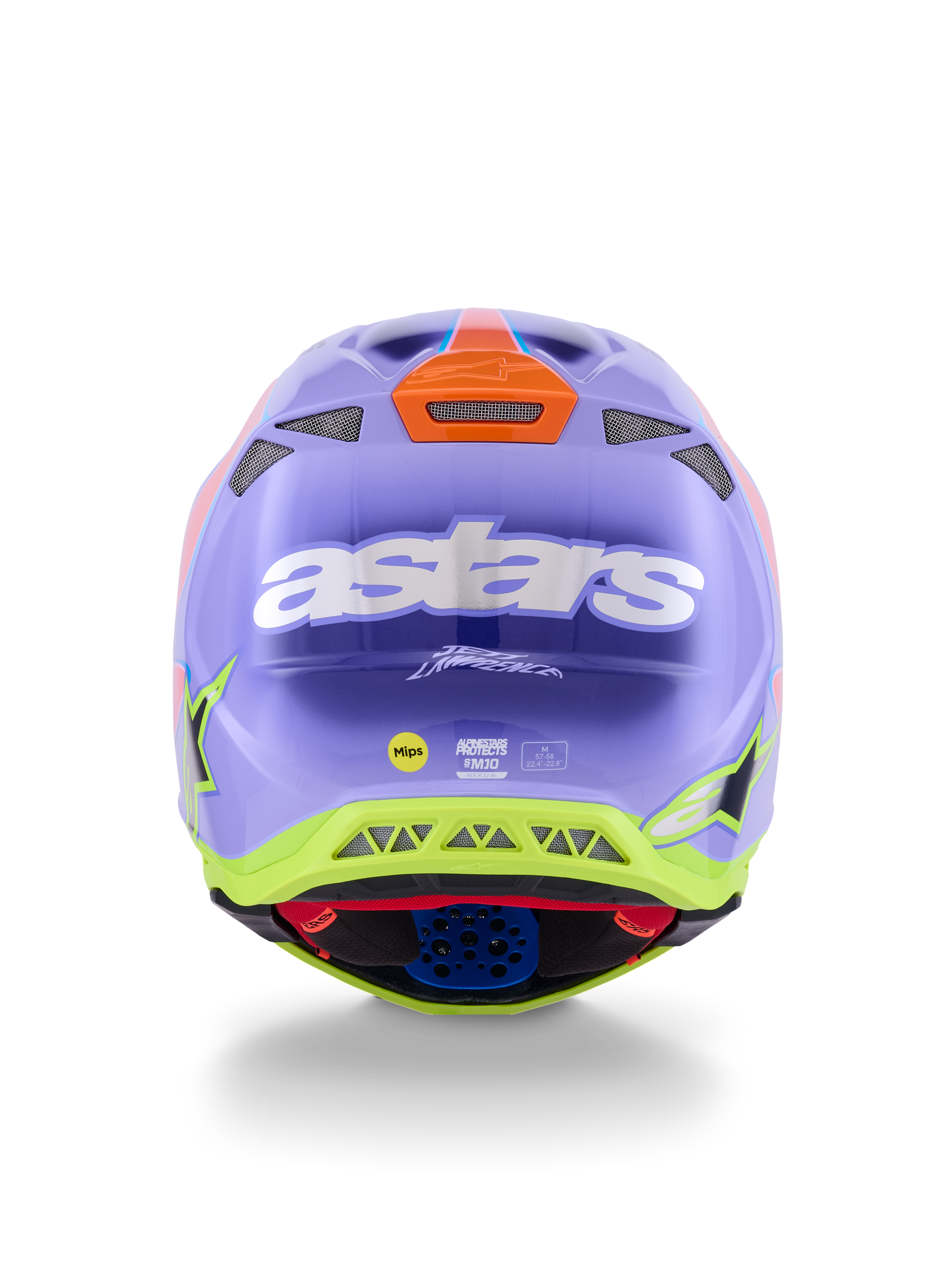 Kask Alpinestars Supertech M10 Jett Lawrence R01, kask motocrossowy, fioletowo-różowy i fluorescencyjny żółty, widok z tyłu z wyraźnym białym logo astars, podpisem Jetta Lawrence'a i licznymi otworami wentylacyjnymi, smukły aerodynamiczny design do wyścigów off-road