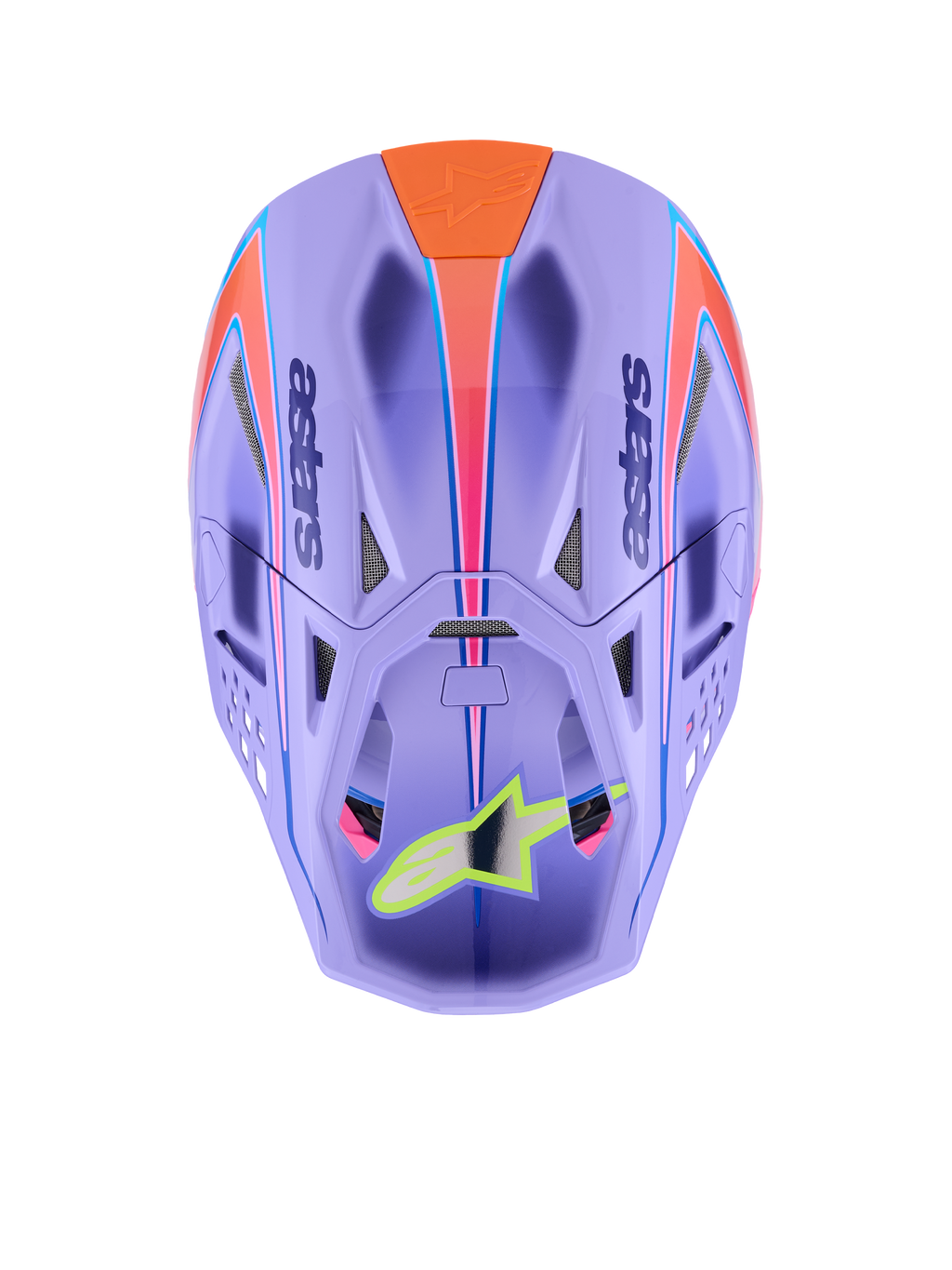 Kask Alpinestars Supertech M10 Jett Lawrence R01, kask motocrossowy, fioletowy z różowymi i pomarańczowymi grafikami, widok z góry ukazujący otwory wentylacyjne i aerodynamiczną skorupę, neonowożółte logo gwiazdy na daszku, zaawansowana konstrukcja z włókna węglowego do wyścigów terenowych