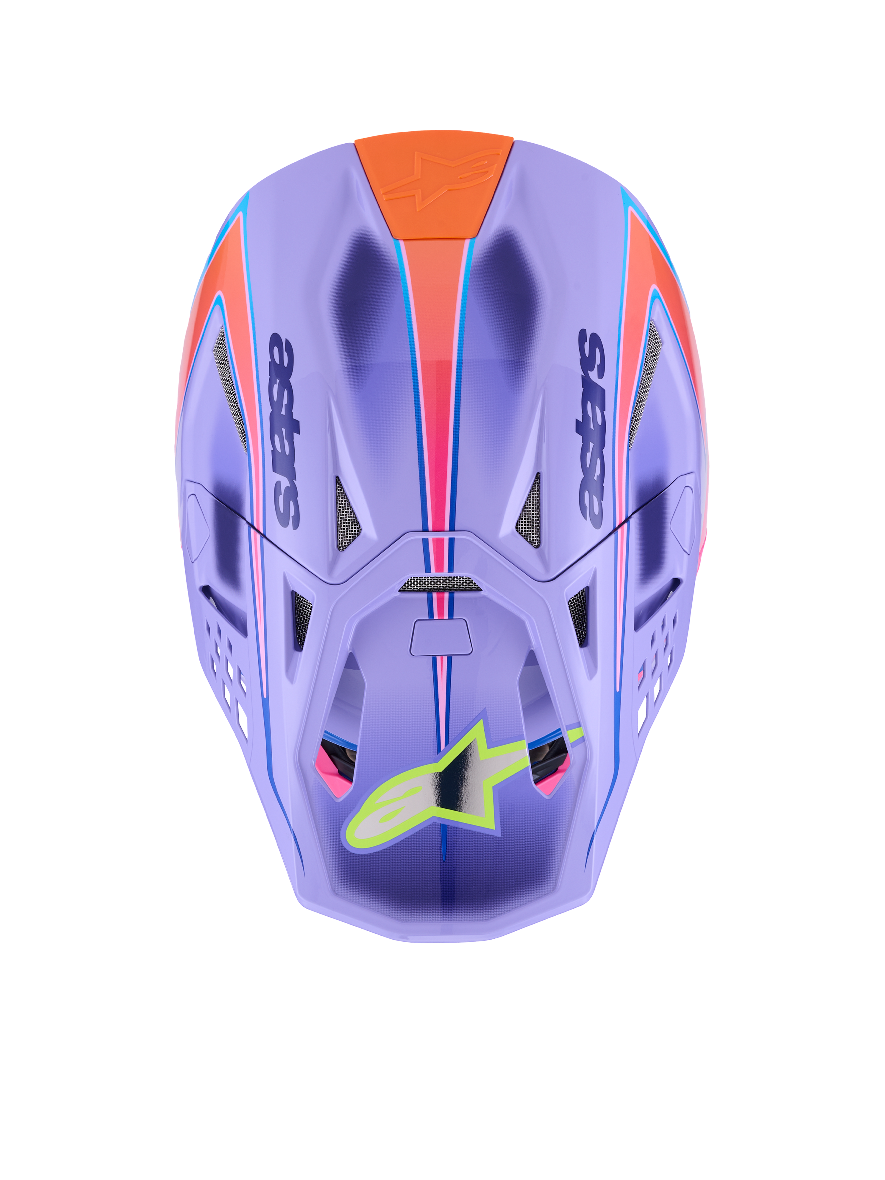 Kask Alpinestars Supertech M10 Jett Lawrence R01, kask motocrossowy, fioletowy z różowymi i pomarańczowymi grafikami, widok z góry ukazujący otwory wentylacyjne i aerodynamiczną skorupę, neonowożółte logo gwiazdy na daszku, zaawansowana konstrukcja z włókna węglowego do wyścigów terenowych