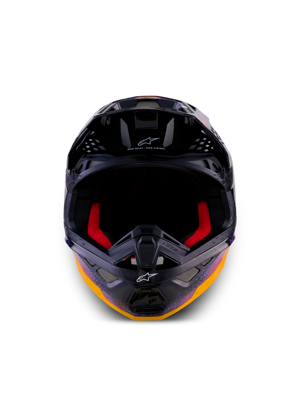 Kask Alpinestars Limited Edition Supertech M10 Black Hole, kask motocrossowy, kolor Black Burst Glossy z wyrazistymi pomarańczowymi i fioletowymi grafikami galaktycznymi, widok z przodu pokazujący czerwoną wyściółkę wewnętrzną i otwory wentylacyjne