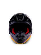 Kask Alpinestars Limited Edition Supertech M10 Black Hole, kask motocrossowy, kolor Black Burst Glossy z wyrazistymi pomarańczowymi i fioletowymi grafikami galaktycznymi, widok z przodu pokazujący czerwoną wyściółkę wewnętrzną i otwory wentylacyjne