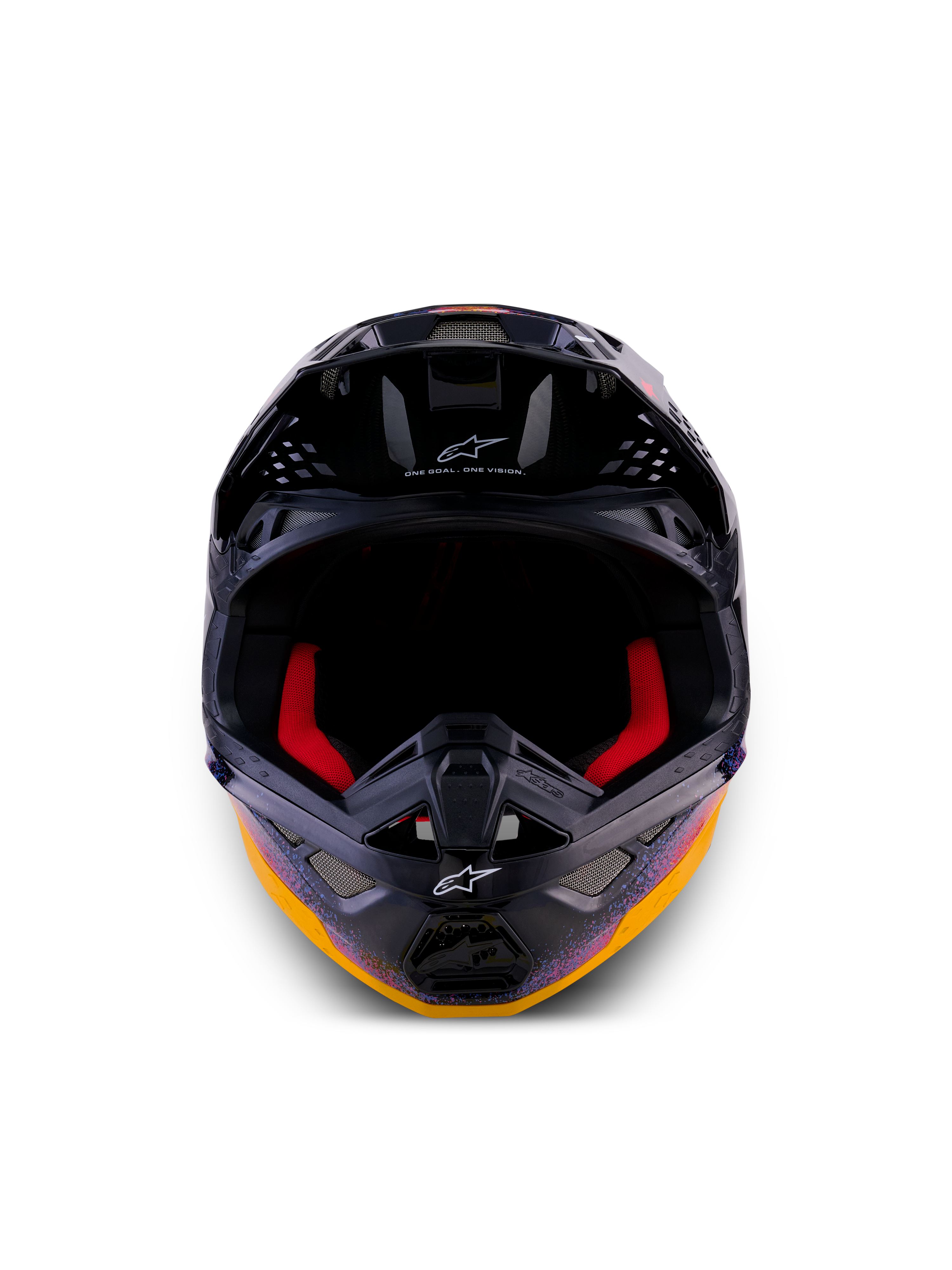 Kask Alpinestars Limited Edition Supertech M10 Black Hole, kask motocrossowy, kolor Black Burst Glossy z wyrazistymi pomarańczowymi i fioletowymi grafikami galaktycznymi, widok z przodu pokazujący czerwoną wyściółkę wewnętrzną i otwory wentylacyjne