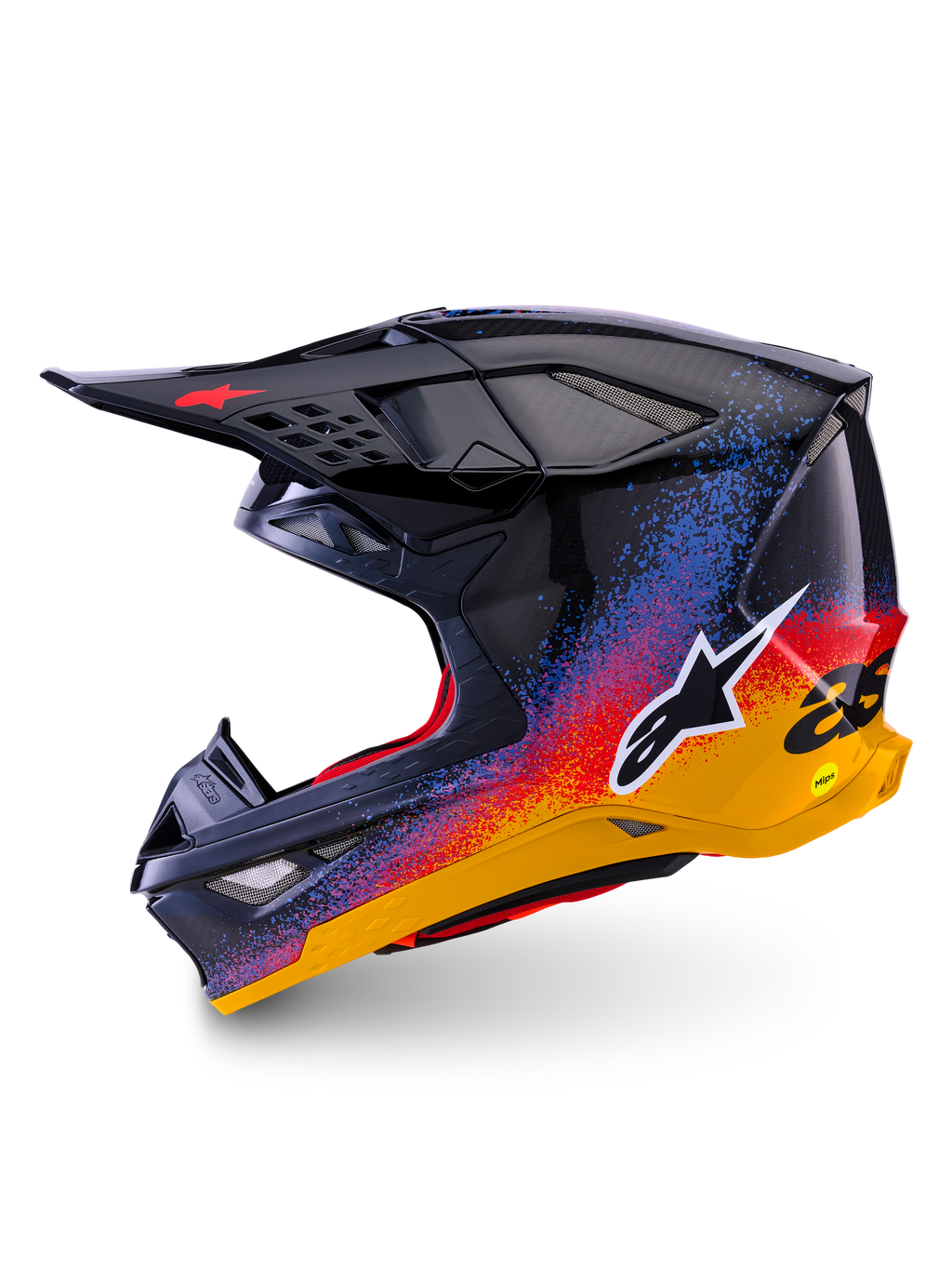 Alpinestars Limited Edition Supertech M10 Black Hole Helmet, kask motocrossowy, błyszczące wykończenie Black Burst z jaskrawym niebieskim, czerwonym i żółtym gradientowym wzorem typu splatter, widok z profilu ukazujący białe logo Astars i teksturę włókna węglowego